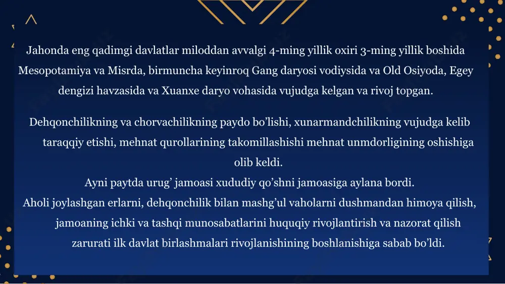 aning mustaqil hukmdori deb eʼlon qiladi. davlat hududiga hozirgi janubiy tojikiston, janubiy oʻzbekiston va afgʻoniston kirgan. yu. yunon-baqtriya podsholigi kuchaygan paytlarda unga pokiston, shimoliy gʻarbiy hindiston ham boʻysungan. poytaxti baqtra (oʻrta asrlardagi balx) shahri boʻlib, uning xarobalari shimoliy afgʻonistonda, mozori sharif shahri yaqinida joylatlgan. kangyuy qangʻ davlati, qadimgi xitoy manbalarida kangkiya, zamonaviy oʻqilishda kangjyuy, rus adabiyotida kangyuy) — qadimda sirdaryoning oʻrta havzasida mavjud boʻlgan davlat (mil. av. 3 — mil. 5-asr oʻrtalari). ayrim adabiyotlarda ushbu davlat aholisi ham uning nomlari bilan ataladi. k.shoniyozovning fikricha, q.d. sharqda fargʻona (davan, dayyuan), shim.sharqda usun (uysun) davlatlari, shim.gʻarbda sarisu, gʻarbda sirdaryoning quyi oqimi bilan chegaradosh boʻlgan. xitoy manbalariga koʻra, q.d.ning jan. hududiga hozirgi oʻzbekistonning samarqand, buxoro, shahrisabz, kattaqoʻrgʻon va urganch tumanlari kirgan boʻlib, uning chegarasi amudaryoga borib taqaladi. janubiy da — dayruziye (dayuechji) davlati joylashgan. k. shoniyozovning yozishicha, kangyuylar koʻchmanchi turkiyzabon qabilalar bilan birlashib, soʻgʻd va oʻrta sirdaryoning oʻtirgan aholisining dastlabki turkiyzabon qatlamini tashkil …