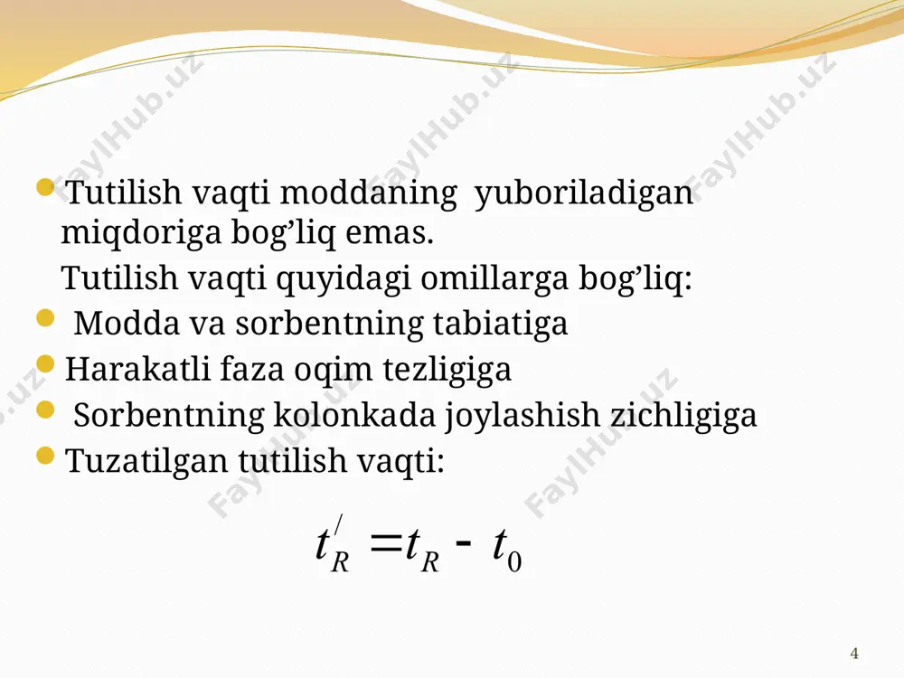 nglamasining grafigi (gx) oqimning past tezligi uchun b / v hissasi , katta uchun - cv hissasi sezilarli bo’ladi 23 xromatografik kolonka samaradorligiga tashuvchi gaz tabiatining ta’siri 24 kolonka samarali bo‘lishi uchun: sorbent zarralari kichik, qattiq qadoqlangan, hf yopishqoqligi past, hf plyonkasining qalinligi kichik, hf tezligi eng maqbul bo‘lishi kerak. а, в, с amalda tanlanishi mumkin hetb ning tf dagi hf tezligiga bog'liqligi b / v tashkil etuvchi hech qanday rol o'ynamaydi, chunki,suyuqlikda diffuziya koeffitsientlari gazlardagiga qaraganda 3-4 daraja kichikroqdir 25 sifat tahlili 1.ushlanish kattaliklari bo'yicha aniqlash berilgan va standart moddalarni ushlanish vaqtlari va ushlanish hajmlarini taqqoslash orqali: xromatografiyalash bir xil sharoitlarda olib boriladi ushlanish kattaliklari mos kelishi identifikatsiyalash uchun asos bo'lib xizmat qiladi ba'zan jadval ma'lumotlaridan foydalaniladi 26 2. nisbiy ushlanish parametrlaridan foydalanish nisbiy ushlanish parametrlari identifikatsiyalash uchun ishonchli hisoblanadi, chunki ular faqat hf va tf tarkibiga bog'liq bo‘ladi. 27 3. gomologik qatorda ushlanish kattaliklari o'zgarish qonuniyati ko’ra: t …