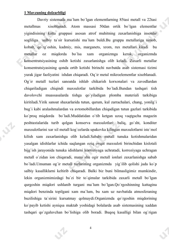 tiraning pasayib ketishi, fikrni oxirigacha bayon kila olmaslik keksalikka xos bulgan fazilatlar yoshlarda mujassamlashib koladi).inson tanasi 70trillion tukimalardan tashkil topgan.xar bir tukima tarkibida mendeleyev davriy sistemasidagi elementlarning aksariyat kismi urin olgan.agar biror tukima tarkibida biror mikroelement yetishmasa masalan yurak faoliyati uchun zarur bulgan magniy yoki rux organizmda kamayib kolsa uning urnini darxol antogonisti bulgan metall alyuminiy egallaydi. organizmdagi muvozanatni saklab turish uchun esa bu mikroelementlardan kabul kilib turish kerak. ozik ovkat maxsulotlari: gusht, yog, qaymoq, kefir, kolbasa, pishlok va dudlangan maxsulotlar tarkibidan, shu bilan birga un maxsulotlari makaron, xar xil kolipli nonlar,bulochka,konditer maxsulotlari shirinliklar tarkibidan ogir metall tuzlarini aniklab turish nazorat kilib boriladi. viloyatlarning barchasida ozik ovkat maxsulotlarini tekshirish stansiyasi laboratoriyalari tashkil etilgan va xozirda bu laboratoriyalarda tekshiruv yaxshi yulga kuyilgan. tekshirishning turli xil metodlari ishlab chikilgan. xozirgi vaktda rak kasalligi xavfli kasalliklardan biri xisoblanadi.xozirda butun dunyoda uning oldini olish va kasallikka chalingan bemorlarni davolash xalkaro mediklar, ximiklar, bioximiklar oldiga …