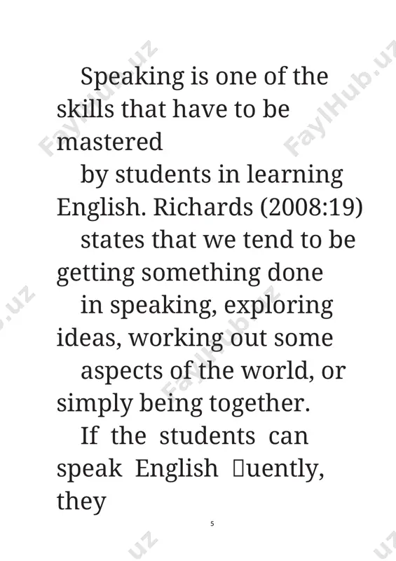 strategy, sociolinguistics, and discourse; for him speaking is more than simply making the right sounds, choosing the right words, or getting the constructions correct (pp. 330-358). speaking is probably the language skill that most language learners wish to perfect as soon as possible. speaking is more frequently used than writing. the main function of spoken language is to socialize individuals. on the contrary to writing, spoken language is produced and processed in real-time, the speaker and hearer have limited time to plan and produce what they want to say and understand what they hear. speech is generally used in face- to-face conversations; it is temporary, spontaneous, speaking is one of the skills that have to be mastered by students in learning english. richards (2008:19) states that we tend to be getting something done in speaking, exploring ideas, working out some aspects of the world, or simply being together. if the …