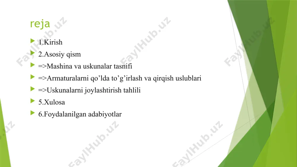 borat (222– rasm): to‘plamchi (1), kuchlanish shkafi (2), vaqtni ishga tushiradigan sezgir asbob (3), transformator (4), osma mashinalar (5), yakka rels (6), to‘sinli kran (7), stol (8), ko‘p nuqtali tutashtiruvchi payvandlash mashinasi (9), g‘ildirakli stollar (10), armatura o‘zaklarini egish uchun dastgoh (11), armaturani to‘g‘ri qirqish dastgohlari (12, 13), armatura o‘zaklari qirralarini qirib egovlab tekislash uchun elektr charxlagich (14), armatura o‘ramlarini tutqichlar (15), chorpoyalar (16), armatura o‘zaklarining chiviqlarini tozalash uchun dastgoh (17), tutashtiruvchi payvandlash mashinasi (18), armatura o‘zaklarining chiviqlarini to‘g‘rilash uchun dastgoh (19), armatura po‘latini qirqish uchun dastgoh (20), armatura to‘rini egish uchun dastgoh466 (21), payvandlash uchun to‘g‘ri yo‘nalish beruvchi moslama (22), payvandlash transformatori (23). temir-beton buyumlari va konstruksiyalarini ishlab chiqarish bo‘yicha armatura sexi uskunalari va mashinalarini joylashtirishda zo‘riqtirilmagan armaturalarni tayyorlashning texnologik jarayonlari tegishli jihozlarni ishlatish bilan ma’lum ketma-ketlikda bajariladigan quyidagi amallardan tashkil topgan: ko‘prikli kranlar bilan jihozlangan yopiq omborlarda armatura po‘latlarini tushirish, taxlash va saqlash; qaychilar (elektr gidravlik, qo‘l bilan …