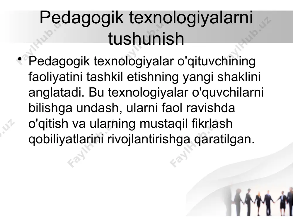 ijodiy qarorlar qabul qilishni o'rganadilar. virtual ta'lim texnologiyalari virtual ta'lim texnologiyalari virtual sinflar, simulyatorlar va boshqa virtual resurslar yordamida ta'lim jarayonini o'rganishni ta'minlaydi. pedagogik robototexnika pedagogik robototexnika texnologiyasi o'quvchilarga robototexnika va boshqa texnik fanlarni amaliy ravishda o'rgatishga yordam beradi. bu metodlar o'quvchilarning texnik ko'nikmalarini rivojlantiradi. interaktiv ta'lim texnologiyalari interaktiv ta'lim texnologiyalari o'quvchilarga interaktiv doskalar, kompyuter tizimlari, multimedia vositalari orqali o'rgatish imkoniyatini beradi. o'qitishda multimedia vositalarini qo'llash multimedia vositalari o'qituvchilarga o'quvchilarning diqqatini jalb qilish, mavzuni yanada oson tushuntirish va ma'lumotni samarali taqdim etishda yordam beradi. aqliy rivojlanishni qo'llab-quvvatlash texnologiyalari aqliy rivojlanishni qo'llab-quvvatlash texnologiyalari o'quvchilarning kognitiv rivojlanishini rag'batlantiradi. bu texnologiyalar maxsus dasturlar, testlar va boshqalarni o'z ichiga oladi. o'qituvchining virtual muhiti o'qituvchining virtual muhiti o'quvchilarga darsni interaktiv tarzda o'tish, ularga virtual resurslar, forumlar va bloglar orqali yordam berish imkonini beradi. ingliz tilini o'qitishda zamonaviy texnologiyalar ingliz tilini o'qitishda zamonaviy texnologiyalar – bu o'quvchilarga ingliz tilini o'rganishda mobil ilovalar, onlayn kurslar, video va …