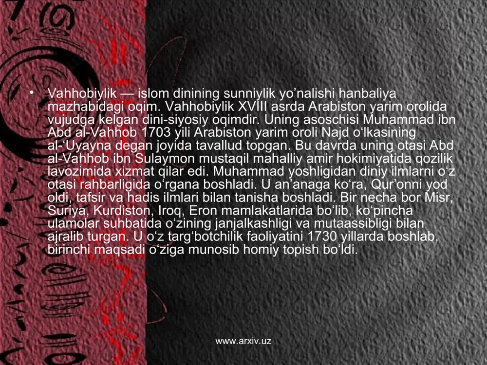 iv.uz www.arxiv.uz 1745 yili muhammad ibn abd al-vahhob ad-dir‘iyya vodiysiga uning amiri muhammad ibn sa‘ud taklifiga binoan ko‘chib o‘tdi. bu bilan muhammad ibn sa‘ud o‘z hokimiyatini kuchaytirishda vahhobiylikdek mafkuraviy qurolga ega bo‘ldi. vahhobiylar o‘zlari xohlagan jamoani kufrda yoki shirkda ayblashlari va unga qarshi jihod e’lon qilishlari mumkin edi. ibn sa‘ud esa bu jihodni amalga oshirib, o‘z hokimiyati chegaralarini kengaytirishni boshladi. muhammad ibn abd al-vahhob 1792 yili vafot etdi. ibn sa‘ud va uning sulolasi vahhobiylik bayrog‘i ostida olib borgan urushlari 1932 yilda saudiya arabistoni davlatining tuzilishi bilan yakunlandi. www.arxiv.uz www.arxiv.uz www.arxiv.uz www.arxiv.uz vahhobiylikda g’ayridinlarga, "ilk islom ahkomlaridan chekingan" musulmonlarga qarshi kurash alohida o’rin tutadi. ularning da’vatini qabul qilmaganlarning barchasi go’yo kofirdir. dastlabki vahhobiylar imon masalasida o’ta mutaassiblik, siyosiy raqiblar b-n kurashda esa oshkora ekstremizm b-n ajralib turgan. vahhobiylikda ta’limoti o’sha paytdayoq norozilik tug’dirgan. ibn abdulvahhobni hatto o’zi tug’ilgan joy — uyaynadan quvib chiqarishgan. ammo bu ta’limot arabiston yarim orolining markaziy qismida …