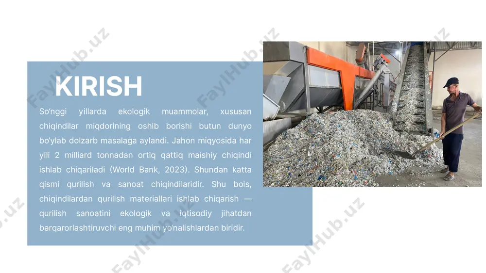 zirgi kunda ko‘plab qayta ishlangan materiallar qurilish normalariga mos keladi va ko‘pincha ularni ortda qoldiradi. texnologik yutuqlar chiqindi turi manbasi qayta ishlangan mahsulot beton, g‘isht, asfalt eski binolarni buzish qayta ishlangan beton (rca) plastmassa qadoqlash, iste’molchi chiqindilari g‘isht, panellar, yo‘laklar shisha maishiy va sanoat chiqindilari dekorativ shisha panellar yog‘och yog‘ochsozlik va qurilish chiqindilari yog‘och plitalar, mebel qog‘oz va karton ofis va uy xo‘jalik chiqindilari izolyatsiya materiallari metall qoldiqlari sanoat ishlab chiqarish armatura, konstruksiyalar rezina (shinalar) avtomobil chiqindilari sport maydonchalari, yo‘laklar iqtisodiy samaradorlik e’tiboringiz uchun raxmat image1.png image2.png image3.jpeg image4.png image5.png image6.png image7.png image8.jpeg /docprops/thumbnail.jpeg