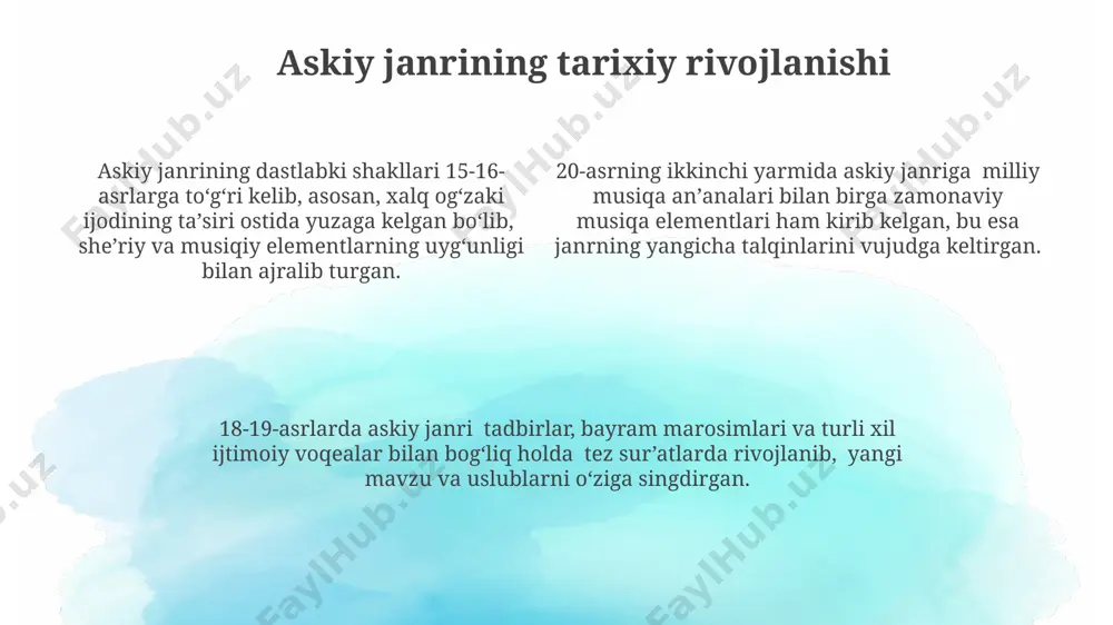 bu esa hikoya aytishning yangi imkoniyatlarini ochib berdi va o'quvchilar bilan bevosita muloqotni ta'minlaydi. askiy janrining zamonaviy holati, 21-asr boshlarida internet va ijtimoiy tarmoqlarning rivojlanishi bilan bog'liq holda, yangi shakllar va uslublarni o'zlashtirishini ko'rsatadi, shu jumladan, video-askiylar soni sezilarli darajada oshgan. latifa janri, an'anaviy og'zaki shaklidan tashqari, 30 dan ortiq onlayn platformalarda faol ravishda mavjud bo'lib, turli xil kulgi uslublari va yosh auditoriya ehtiyojlariga moslashgan holda rivojlanmoqda. askiy va lof janrlarining o'xshashliklari ikkala janrda ham 7-8 bo'g'indan iborat misralar ustunlik qiladi, va mavzularning xilma-xilligi kuzatilsada, ko'pincha lirik-epik xususiyatlarga ega bo'ladi. askiy va lof janrlarining ijro uslubida 2-3 nafar ijrochining birgalikda ishtiroki, so'zlarning aniq va tushunarli ifodalanishi, improvizatsiya elementlari umumiydir. askiy va lof janrlarida 2-3 qatorli qofiyalar, ya’ni parallel struktura, ritm va ohangning o'xshashligi kuzatiladi, bu ikkala janrning xalq og'zaki ijodining an'anaviy uslublariga mansub ekanligini ko'rsatadi. e'tiboringiz uchun rahmat @taqdimot_robot image1.png