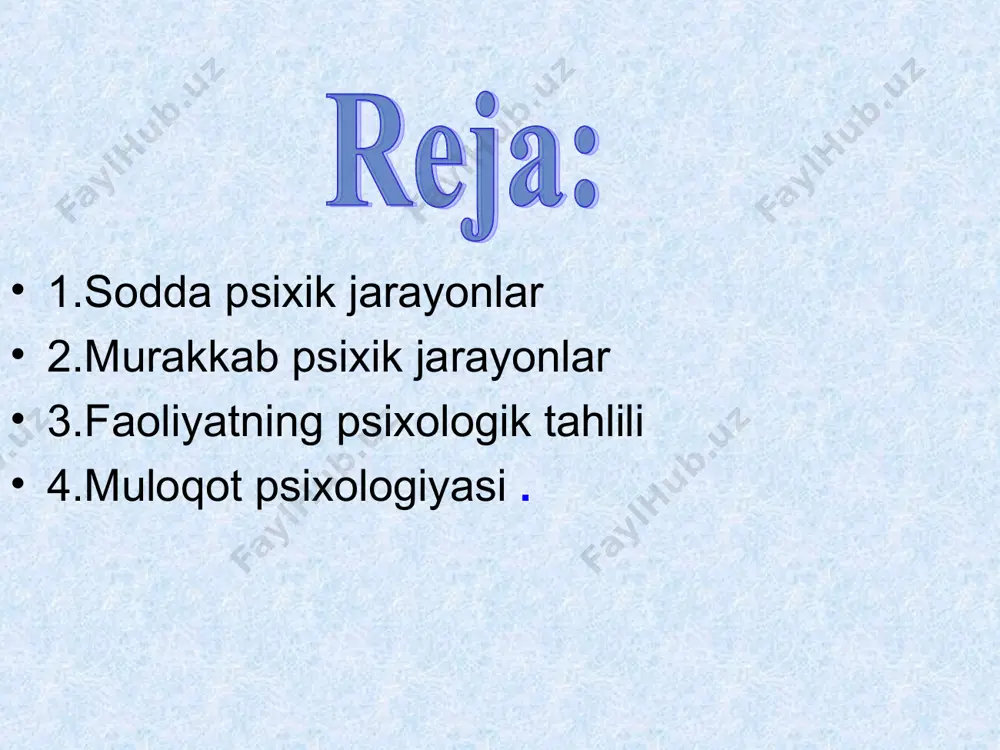 kin o’zgaradi, odamlar ongida, demokratik qadriyatlar qaror topadi.inson jamiyatdagi o’nini ongli ravishda o’zi belgilaydi”.bunda, albatta psixologiya fanining o’rni ham bor. inson va jamiyat o’rtasidagi munosabatlarning psixologik tomonlarini o’rganuvchi psixologiya sohalari quyidagilardan iborat. . . . . mehnat psixologiyasi-mehnat faoliyatining psixologik asoslari shaxsning kasbiy hususiyatlari kasb tanlash va kasbga yo’llash muammolari mehnatni ilmiy tashkil etish ishlab chiqarish samaradorligini oshirish mehnat jamoasidagi munosabatlarni o’rganadi. aviatsiya psixalogiya – uchish va uchuvchilarmehnati psixalogiyasi uchuvchilarni o’qitish va tayyorlash muammolarini tatqiq qiladi. kosmik psixologiya – kosmonavtlarni prodaviy va ahloqiy tayyorgarlik muamolari,mashq qilishi va ta’limning psixologik jihatlari maksimal va faoliyat bilan mashg’ullik va vazissizlikdagi psihilogik o’zgarishlar kosmosda ishlash jarayonida kosmonaftlarni xolatlarini o’rganadi va tatqiq qiladi. pedagogik psixologiya – ta’lim va tarbiyaning psixologik asoslari,o’qituvchi va o’quvchi munosabatlari,oliy muassasalarida talim mummolari shuningdek,mahsus maktablarda ta’lim tarbiya jarayonlarini o’rganish pedagogik psixologiyada ahloqiy egallamoqda. tibbiyot psixologiyasi – tibbiyot xodimlari va bemor orasidagi munosabatlar,miyaning fiziologik tizimi bilan psixologik hodisalar orasidagi bog’lanishi. yuridik psixologiya …