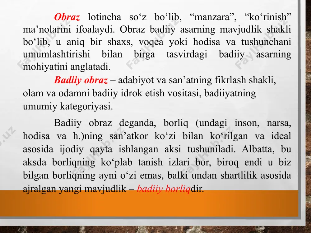 iga ega bo‘lgan motiv, topos, arxetip deb yuritiluvchi ko‘rinishlari ham ajratiladi. motiv (motiv obraz) shakliy va mazmuniy jihatlardan muayyan turg‘unlik kasb etgan, bir yoki bir necha ijodkorning asarlarida qaytarilib turishi bilan ularning ijodiy intilishlarini namoyon etib turuvchi obrazdir. mas., cho‘lpon ijodi uchun “yo‘l” obrazi motiv sanalishi mumkin. topos motivga nisbatan kengroq tushuncha bo‘lib, u milliy madaniyatda katta bir adabiy davr mobaynida takrorlanuvchi obraz sanaladi. o’zbek mumtoz she’riyatidagi payg‘ambarlar obrazlari, gul va bulbul, sham va parvona kabi takrorlanuvchi obrazlar topos sanalishi mumkin. arxetip deganda esa inson tafakkuri, ijodiy tasavvuriga xos bo‘lgan turg‘un “sxema”lar, konstruktsiyalar, qoliplar tushunilib, ularning izlarini eng qadimgi davrlardan boshlab to hozirgi adabiyotgacha ko‘rish mumkin bo‘ladi. badiiy asarda obraz bir necha turli bo‘ladi: kishilar obrazi hayvonlar obrazi tabiat yoki osimliklar obrazi narsa-predmet obrazlari kishilar obrazlari badiiy asarda personaj, qahramon, harakter, tip kabi istilohlar bilan ifodalanadi. personaj – asardagi har qanday ishtirokchi yoki nofaol ishtirokchi. qahramon – asarda faol qatnashuvchi …