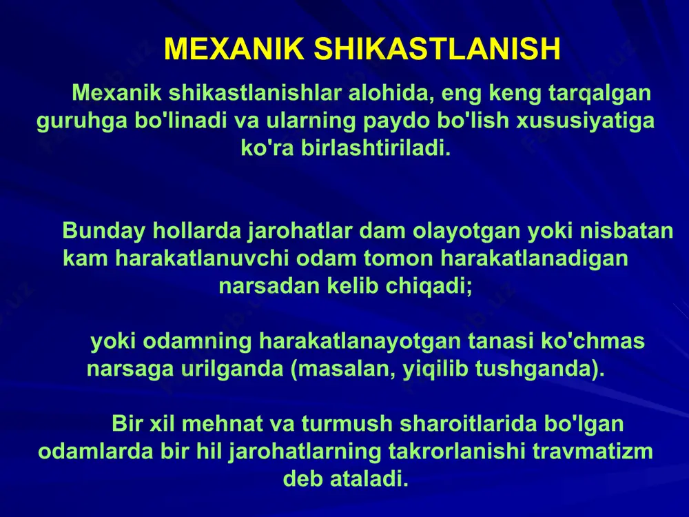 oq qattiq jismlar: zarba yuzasi shakliga ko'ra quyidagilar bo'lishi mumkin: tekis, qirrali, sharsimon, silindrsimon to’mtoq jismlar tasnifi barcha to'mtoq narsalar ikki guruhga bo'linadi: 2. ustun zarba yuzasiga ega bo‘lgan to‘mtoq qattiq jismlar: zarba beruvchi sirt shakli tekis, qavariq, notekis bo'lishi mumkin mexanik shikastlanish tasnifi 1. shilinishlar 2. qontalashlar 3. o’tmas jismlar bilan yetkazilgan zararlar – lat yeyish (tishlangan, yirtilgan, tishlab-yirtilgan, yorilgan, ezilgan, bo’laklangan) mexanik shikastlanish tasnifi 4. o’tkir jismlar bilan yetkazilgan shikastlar : kesilgan, sanchilgan, sanchib-kesilgan, qirqilgan, arralangan; 5. sinishlar 6. chiqishlar 7. ichki a’zolar shikastlanishi: lat yeyish, yorilish, uzilish, ichki a’zolar joyining o’zgarishi; 8. tananing qismlarga bo’linishi, amputatsiya ba’zi o’tmas(to’mtoq) jismlarning turlari shilinish shilinish - bu to'mtoq narsaning teri ustida yoki aksincha, tananing to'mtoq narsa ustida siljishi natijasida terining (uning yuqori qatlamlarining) yuzaki shikastlanishi. shilinish va qontalashlar jism shakliga monand jarohatlar jarohatlar-teri osti yog‘ qavatiga, ba'zan mushaklarga yoki tana bo'shliqlariga kirib, terining butun qalinligi yoki shilliq qavatining mexanik shikastlanishi. …