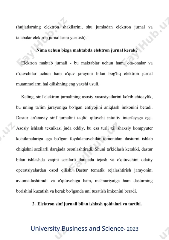 aviy jurnalni to‘liq o‘rnini bosa olmaydi. shunday qilib, sinf jurnalining ikki nusxasini - elektron va an'anaviy shaklda (qog'oz jurnali) saqlash zarurati tug'ildi. ej bilan ishlash barcha o'qituvchilar uchun majburiy bo'lganligi sababli, samaradorlik ko'rsatkichi ma'lumotlarni kiritishning o'z vaqtidaligi, yakuniy baholarning ob'ektivligi deb hisoblanishi mumkin. shuni alohida ta’kidlamoqchimanmaktabimizda axborot texnologiyalari o‘z-o‘zidan maqsad emas, balki faoliyatimizni sifatini oshirish vositasidir. endilikda maktabimizdagi elektron sinf jurnali o‘quvchilarning joriy yutuqlarini hisobga olish va ularning davomatini nazorat qilish uchun dasturiy vositalar to‘plamidir.elektron jurnal o'qituvchi tomonidan quyidagi vazifalarni hal qilishda qo'llaniladi: talabalarning davomati va davomatini hisobga olish va nazorat qilishni avtomatlashtirish; o'quv dasturlarini amalda o'zlashtirish bosqichlari va darajasini rejalashtirish, belgilash va nazorat qilish; sinf o'qituvchisining jurnalning butun davri uchun, barcha fanlar bo'yicha, istalgan vaqtda sinf o'quvchilarining baholariga tezkor kirishi; oraliq va yakuniy baholarni belgilashning xolisligini oshirish. elektron jurnalni yuritishda dastur avtomatik ravishda har bir belgining og'irligini o'zgartirish imkoniyati bilan o'rtacha ballni hisoblab chiqadi (test, mustaqil, amaliy va hk). …