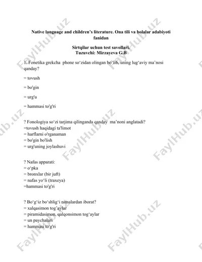 native language and children’s literature. ona tili va bolalar adabiyoti fanidan sirtqilar uchun test savollari. — DOCX