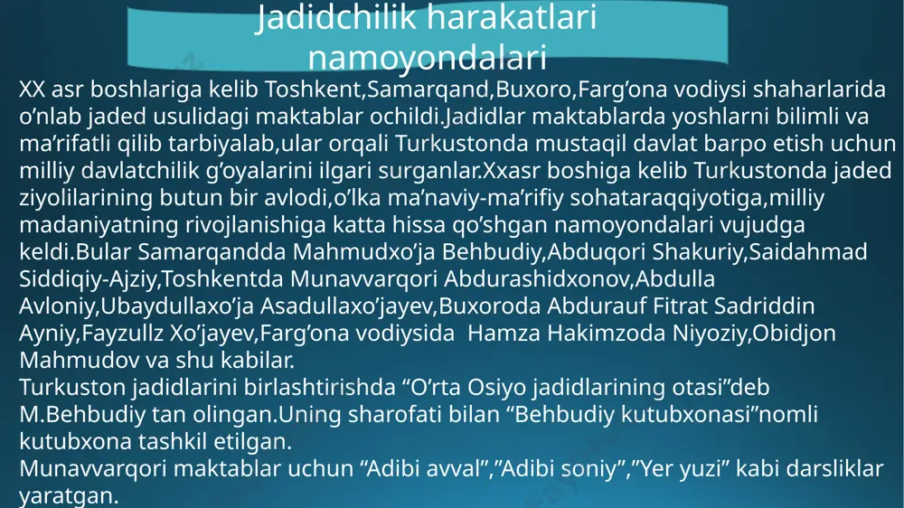 chiligining darg’asi,muftiy mahmudxo’ja behbudiyni taklif etadi.ayrim ma’lumotlarga qaraganda fitrat shu yillarda “ittihodi taraqqiy” tashkiloti eski buxoro bo’limining raisi ham bo’lgan. 1918-yil martdagi kolesov voqeasidan keyin u toshkentga keldi.dastlab xadradagi maktabda,may-iyun oylaridan boshlab turkiston musulmon dorilfunini qoshida tashkil topgan dorulmualliminda til va adabiyotdan dars berdi.1919-1920-yillarda afg’oniston amirligining toshkentdagi vakolatxonasida tarjimonlik qildi.u bir qator darsliklar tuzdi,1920-yil 9-aprelda “tong” jurnalini tashkil etib,yosh ziyolilar avlodini millatparvarlik va vatanparvarlik ruhida tarbiyalashga kirishdi. abdulla avloniy (1878-yil 12-iyul,toshkent-1934-yil 25-avgust,toshkent)-xix asr oxiri xx asr boshidagi o’zbek milliy madaniyatining mashhur vakillaridan biri,ma’rifatparvar shoir, davlat va jamoat arbobi.avloniy xx asr boshida jadidchilik harakatiga qo’shildi.1906-yildan she’rlari bilan matbuotda qatnasha boshlagan.arab,fors,rus tillarini o’rganib,bu tillarda ijod qilgan mutafakkirlarning asarlarini o’qigan,ba’zilarini o’zbek tiliga tarjima qilgan.1906-yilda “taraqqiy”,1907-yilda o’z uyida “shuhrat gazetalarini chiqargan.bu gazetalar yopilib qo’yilgach 1908-yilda yashirin ravishda “osiyo”gazetasini nashr etdi.6-sonidan keyin hukumat bu gazetani ham taqiqlab qo’ydi. avloniy birinchi bo’lib kimyo,geografiya,fizika va astronomiya fanlarini maktabda o’qitish taklifini beradi.ilg’or g’oyalarni maktab orqali xalqqa tarqatishga harakat …