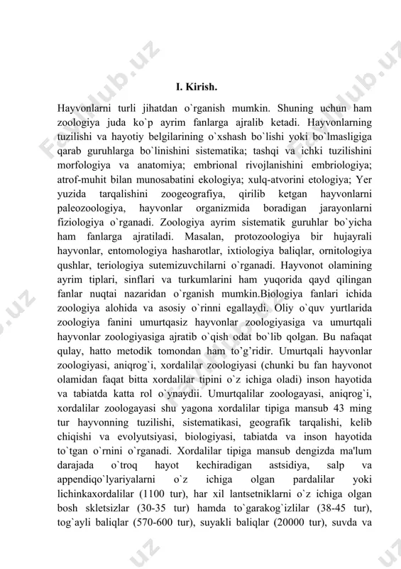 katta koloniyalarga ega. turlarning 90 foizi hasharotlardir, deb hisoblashadi. ularning uch juft oyoqlari bor, ularning tanasi 3 xil qismlarga bo'linadi (bosh, tomoq va qorin) va boshqa narsalar qatorida joylashish, yo'naltirish yoki ovqatlanish uchun ishlatiladigan antennalar. ba'zilarining qanotlari bo'lishi mumkin, bu esa ularni parvoz qilish qobiliyatiga ega bo'lgan yagona umurtqasiz hayvonlarga aylantiradi. ii. adabiyotlar sharhi 2.1 umurtqasiz hayvonlar haqida tushuncha. umurtqasizlar (invertebrata) - umurtqa pogʻonasi boʻlmaydigan hayvonlar guruhi. hayvonot dunyosini umurtqasizlar va umurtqalilarga ajratishni 19-asr boshida fransuz olimi j.b. lamark taklif etgan boʻlib, sistematik ahamiyatga ega emas. chunki umurtqasizlarga hayvonot dunyosining xordalilardan tashqari barcha tiplari kiradi. lekin xordalilarning hamma vakillarida umurtqa boʻlmaydi. hozir "u." termini faqat hayvonlarni umumiy tavsiflash uchun ilmiy asar va oʻquv qoʻllanmalarida ishlatiladi. u.ning taksonomik guruxlari uzilkesil hal etilmagan. ularga bir qujayralilarning 5—7 tipi, plastinkalilar, gʻovaktanlilar, taroqlilar, barcha chuvalchanglar, mollyuskalar, boʻgʻimoyoqlilar, ignaterililar (hammasi boʻlib 16—23 tipga mansub hayvonlar) tipi kiradi. lekin bir qancha taksonomik guruhlar tarkibi (mas, bir …