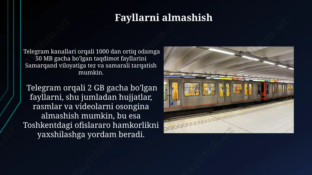 da 200 dan ortiq aloqa ma'lumotlarini 3 turdagi filtrlar yordamida, jumladan, joylashuv ma'lumotlari va telefon raqamlari bo'yicha cheklash imkoniyati mavjud. xabarlarni yuborish va qabul qilish telegramda 100 mb gacha boʻlgan fayllarni, jumladan, hujjatlarni, rasmlarni va videolarni toshkentdan qarshiga 10 soniya ichida yuborish mumkin. telegram kanallar orqali cheksiz miqdordagi obunachilarga, butun oʻzbekiston boʻylab, yangiliklar va maʼlumotlarni tezkor yetkazish imkoniyati mavjud. telegramdagi xavfsizlik telegram, 256-bit aes, 2048-bit rsa va diffie-hellman kalit almashinuvi kabi kuchli shifrlash algoritmlaridan foydalanadi, bu esa shaxsiy xabarlarning maxfiyligini himoya qilishga yordam beradi. telegram'da 2014 yildan beri 1 milliarddan ortiq foydalanuvchi bor, va bu ulkan foydalanuvchi bazasi platformaning xavfsizlik tizimining samaradorligini ko'rsatadi, chunki keng miqyosdagi xujumlar hali aniqlanmagan. telegramdagi o'yinlar "wordle" o'yinining telegramdagi versiyasi kuniga 15 mingdan ortiq o'yinchi tomonidan toshkent va samarqand shaharlaridan o'ynab, o'z til bilimlarini sinab ko'rish imkoniyatini beradi. telegramdagi ba'zi o'yinlar, masalan, "2048" yoki "minesweeper" kabi klassikalar, botlar orqali o'ynaladi va shuning uchun qo'shimcha dasturlarni …