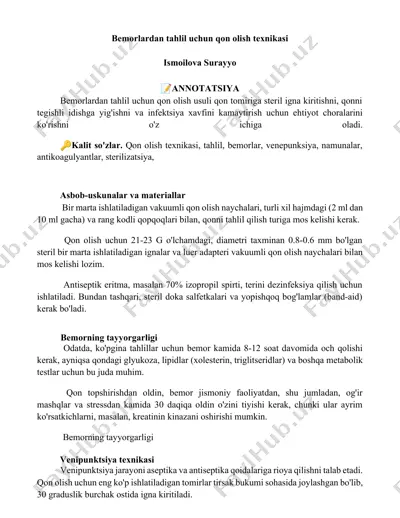 bemorlardan tahlil uchun qon olish texnikasi — DOCX
