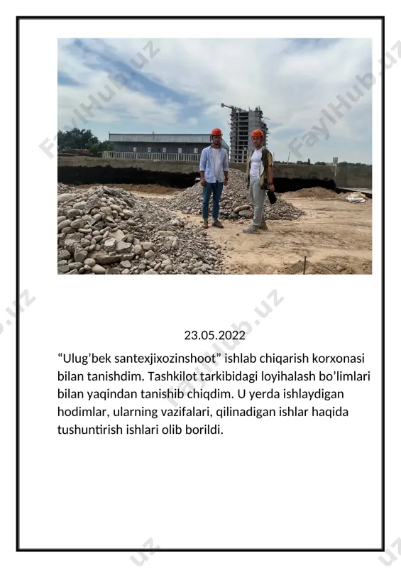 ularning o’rnatilish tartiblari, ulardagi armaturalar soni va diametrlari bo’yicha amaliyot rahbari ma’lumot berdilar. 20.06.2022 binolardagi qavatlararo orayopmalarning o’rnatilishida va monolit qo’yma-beton shaklida qo’yilishida qmq va shnk me’yoriy qonun-qoidalarini o’rgandim. ular bo’yicha ishlash yo’l yuriqlari rahbar tomonidan tushuntirildi. 21.06.2022 binolarda seysmo-choklar qanday tashkil qilinganligi va ularning bino tarzini shakllantirishdagi ahamiyati bo’yicha amaliy tarzda amaliyot rahbarlari ko’magida ma’lumotlar yig’dim. qurilish olib borilayotgan maydonga borib amaliy tarzda ham ma’lumotga ega bo’ldim. 5-hafta 24.06.2022 binoning arxitekturaviy-badiiy, hamda konstruktiv jihatlarini o’rgandim. binoning birinchi qavati bo’yicha amaliy tarzda ma’lumotlar to’pladim. tashqi muhit bilan qulay tarzda bog’liqlikni aniqlash haqida tushunchaga ega bo’ldim. 25.05.2021 qurilish obyektining kirish qismi loyiha ishchi chizmalari bilan amaliy tarzda yaqindan tanishib chiqdim. auto cad, 3ds max programmalarida ishlash malakamni oshirdim. 26.06.2022 binoning ikkinchi va takrorlanuvchi qavatlari bilan, shuningdek, bino konstruksiyalari bilan amaliy tarzda yaqindan tanishdik. qurilish maydonida amaliyot olib bordik. 27.06.2022 binoning yuk ko’taruvchi va to’suvchi devorlari bilan amaliy tarzda yaqindan tanishdim. qurilish …
