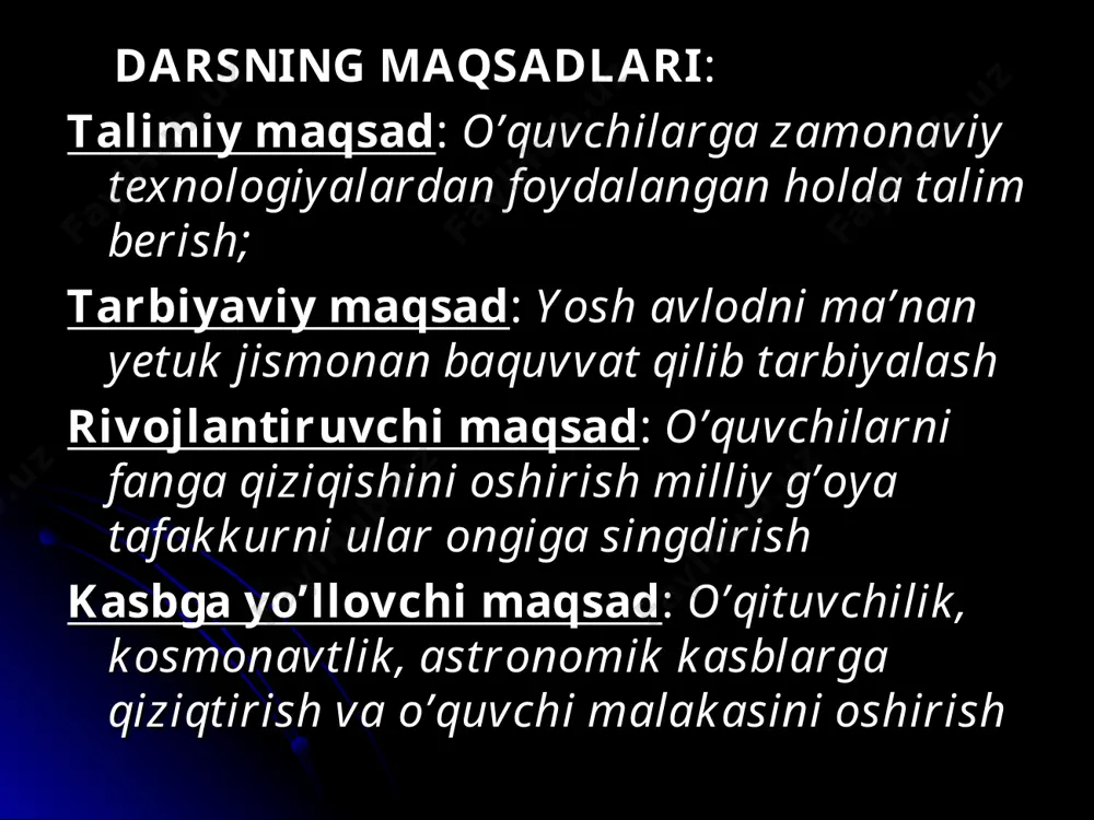ng birligi kg ' m/s bo'ladi. 1 kg *m/s li impuls - bu 1 m/s tezlik bilan harakatlanayotgan 1 kg massali jismning impulsi. j ism impulsi vektor kattalik bo’lib, uning yo'nalishi tezlikning yo'nalishida bo’ladi. kuch impulsi va jism impulsi orasidagi munosabat v0 boshlang'ich tezlik bilan harakatlanayotgan jism t vaqt davomida boshqa jism bilan ta'sirlashgani tufayli, uning tezligi o'zgarib, v ga teng bo'lsin. o'zaro ta'sir jarayonida jismning tezlanishi quyidagicha ifodalanadi: a=v-v0/t agar jismning massasi m, boshqa jism bilan ta'sirlashish kuchi f bo'lsa, u holda nyutonning ikkinchi qonuniga binoan tezlanishning quyidagi formulasi ham o'rinlidir: a=f/m tezlanishning ikkala formulasini o'zaro tenglashtirish mumkin: v-v0/t= f/m yoki ft=mv-mv0 bu formulada ft - kuch impulsi, mvq - o'zaro ta'sirgacha, mv - o'zaro ta'sirdan keyingi jism impulslari ekanligini hisobga olsak, quyidagi xulosa kelib chiqadi: o'zaro ta'sir jarayonida jism impulsining o'zgarishi ta'sir kuchi impulsiga teng. 34-§. impulsning saqlanish qonuni yopiq sistema yerdan kosmik kemani uchirishda yer va kosmik …