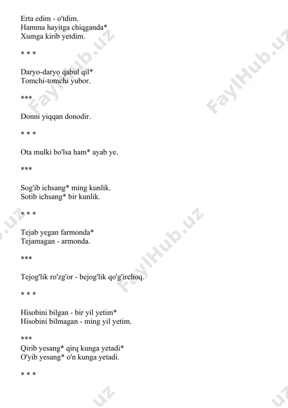 bir ko'rgan oshno* ikki ko'rgan qarindosh. **** bir tog'a yetti otaga teng. * * * bir tug'ishgandan* bir tutingan yaxshi. **** boja bojaga so'z berar. * * * vatan gado- kafan gado. **** kattaga hurmatda bo'l* kichikga izzatga bo'l. * * * buzuq mashina yo'lni buzar* alamzada elni elni buzar. **** yomon qovunni urug'i ko'p. * * * tosh otganga osh ot. **** kundoshning kuli ham kundosh. * * * devorning ham qulog'i bor. **** yosh bolaga ish buyur* orqasidan o'zing yugur. * * * aytilgan so'z - otilgan o'q. **** til suyaksiz bo'lsa ham suyakni yanchiy olar. * * * kuch engmaganin* so'z egar. **** ustoz otangday ulug'. * * * qozonda bori cho'michga chiqadi. bildim deb tutildim* bilmadim deb qutildim. * * * ko'p ishlaganini qo'ymas* kar eshitganini qo'ymas. yozgi mehnat - qishki rohat. * * * mullo bilganin o'qir. o'nta bo'lsa o'rni boshqa* qirqta bo'lsa qilig'i. * …