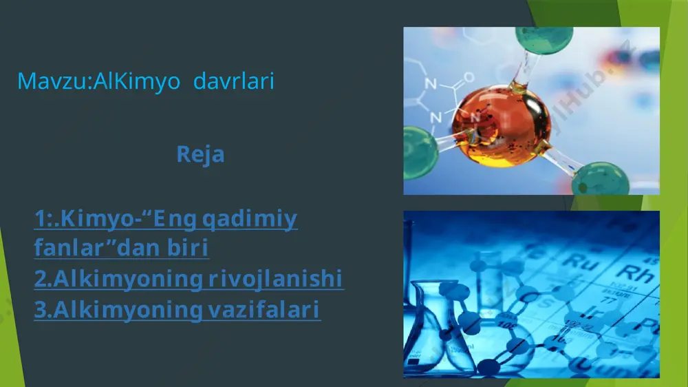 issiqlik va sovuqlik, quruqlik va namlik bhisoblagan. bu to'rt sifat, uning fikricha, birinchi materiyadan ajralib turishi yoki unga har qanday miqdorda qo'shilishi mumkin. aristotel ta'limoti kimyo tarixida alohida davr, alkimyo deb ataladigan davrning rivojlanishi uchun mafkuraviy asos bo'ldi. kimyoning fangacha boʻlgan yoʻnalishi boʻlgan alkimyo (kechki lotincha alxemiya, alximiya, alximiya) miloddan avvalgi iii-iv asrlarda paydo boʻlgan. uning nomi arabchadan yunoncha shemeyaga cheo - quying, quying, bu alkimyoning metallarni eritish va quyish san'ati bilan bog'liqligini ko'rsatadi. yana bir talqin misrning hmi ieroglifidan olingan bo'lib, taqir qumlardan farqli o'laroq, qora (unumdor) er degan ma'noni anglatadi. bu ieroglif misrni, ko'pincha "misr san'ati" deb atalgan alkimyoning paydo bo'lgan joyini bildirgan. arablar bu soʻzni oʻzlarining arabcha “al” prefiksi bilan taʼminlaganlar va shu tariqa alkimyo soʻzi shakllangan. birinchi marta "alkimyo" atamasi iv asr munajjimlari yuliy firmikning qo'lyozmasida uchraydi. alkimyogarlar eng muhim vazifani asosiy metallarni olijanob (qimmatli)larga aylantirish (transmutatsiya) deb hisoblaganlar, bu esa, aslida, 16-asrgacha kimyoning asosiy vazifasi …