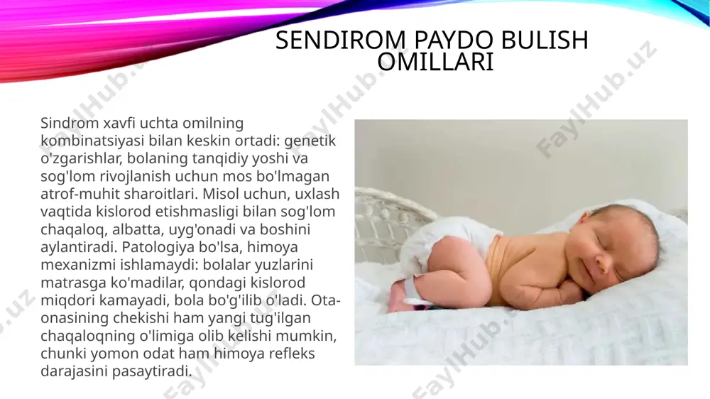 bilan kasal chaqaloqning tanasi unga dosh bera olmaydi. bo'g'ilish bo'ladi, o'lim keladi. xavf omillarri olimlarning fikricha, sidsning asosiy sababi neyroxumoral tizimning noto'g'ri ishlashidir. bundan tashqari, deyarli barcha yangi tug'ilgan chaqaloqlar uyqu apnesini boshdan kechirishadi. ammo agar buzilish bir soat ichida bir necha marta takrorlansa va taxminan 15 soniya yoki undan ko'proq davom etsa, darhol pediatringizga murojaat qilishingiz kerak. yurak tizimining buzilishi tufayli xavfli sindrom holatida bo'lgani kabi, xuddi shunday. / image3.png image4.jpeg image5.jpg image1.png /docprops/thumbnail.jpeg