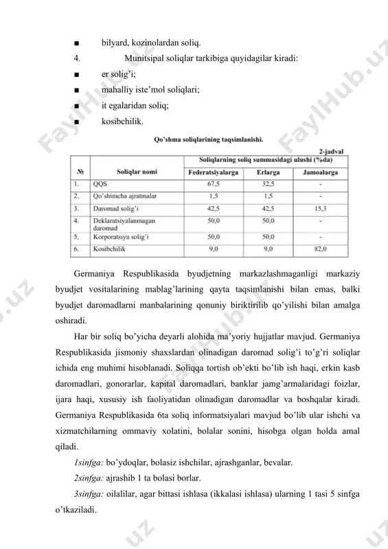 urilgan uy-joylar uchun er solig’idan bir yil davomida uy egalari ozod etiladi. har 3 yilda er solig’i summasi belgilab beriladi va har kvartalda to’lanishi lozim. kapitaldan olinadigan daromad solig’i jismoniy shaxslardan olinib, dividentlar va foizlarga nisbatan hisoblanadi. byudjetdagi jami daromadlarga ushbu soliqning salmog’i 2-3%ni tashkil etadi. soliq stavkasi 25% qilib belgilangan. buyuk britaniyada - 25%, yaponiyada - 20%, italiyada - 30%, frantsiyada -25%, shvetsiya -35%, ispaniya -20%, o’zbekiston respublikasida -15%, lyuksemburg va daniyada bu soliq umuman yo’q. germaniyada mol-mulk solig’ining ob’ekti bo’lib: 1. jismoniy va yuridik shaxslarning ko’chmas mulki. 2. qishloq xo’jaligi va o’rmon xo’jaligi korxonalarning mol-mulki. 3. xususiy mulkning ayrim turlari. 5. kompaniyalarning ishlab chiqargan moslamalari kiradi. yuridik shaxslar mol-mulki uchun 0,6% belgilangan. jismoniy shaxslarning ko’chmas mulki, qimmatli qog’ozlari, banklarning foizlari, san’at asarlari, qimmatbaho buyumlari, xususiy samolyotlari (aholiing 10%), yaxtalari va boshqa mol-mulklari soliqqa tortiladi. soliqqa tortiladigan minimum 70 ming markani tashkil etadi. qqs stavkasi 14%, imtiyozli stavka iste’mol …