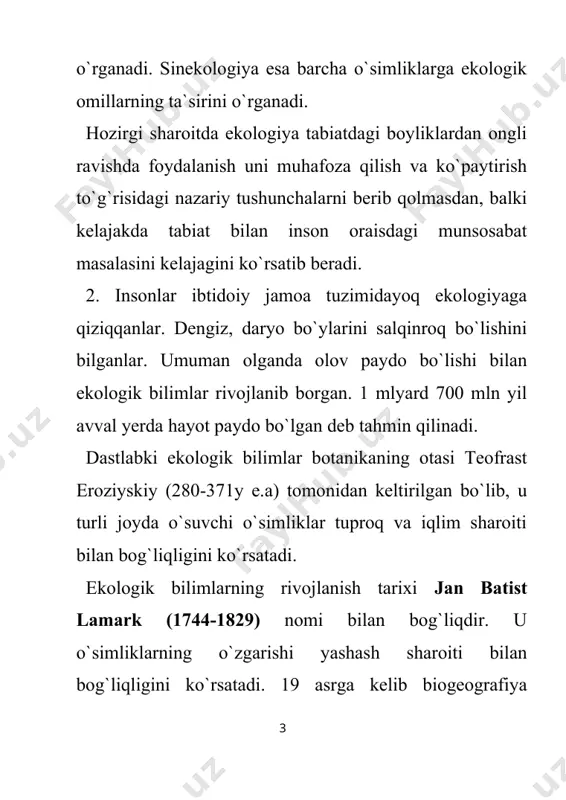 ishi misol bo`la oladi. ba`zan ayrim ekologik omillar bevosita va bilvosita ta`sir ko`rsatishi mumkin. masalan: shamol o`simliklarning novdasini sindirib, bargini mevasini to`kib, bevosita ta`sir ko`rsatsa, tuproqdagi namlikni kamaytirib, qatqaloq hosil qilib bevosita ta`sir ko`rsatadi. do`l o`simlikning yer usti organlariga salbiy ta`sir ko`rsatsa, tuproq namligini oshirib, havo haroratini o`zgartirib bilvosita ta`sir etadi. xar qanday ekologik omil o`simliklarga turlicha ta`sir ko`rsatadi. masalan: sholi suvda yaxshi o`sadi, lekin suv ko`p bo`lsa, g`o`za tez kunda xalok bo`ladi. ko`pchilik o`rmonda o`suvchi o`simliklar soya joyda yaxshi o`sadi, yorug` joyda tezda xalok bo`ladi. aksincha, cho`l zonasida o`suvchi o`simliklar yorug` joyda yaxshi rivojlansa, soya joyda tez kunda halok bo`ladi. 4. o`simliklar ekologiyasining 3 xil qonuni mavjud. minimum qonuni. bir omil o`rnini boshqa omil bosa olmaslik qonuni omillarning hamkorligi qonuni. ekologik omillarning miqdori va o`simlikka ta`siri turlichadir. ularni ta`sir etish miqdoriga qarab 3 guruhga bo`linadi. 1. omilning minimal miqdori, ya`ni bundan kam bo`lsa organizmni xalokatga olib keladi. 2. omilning …