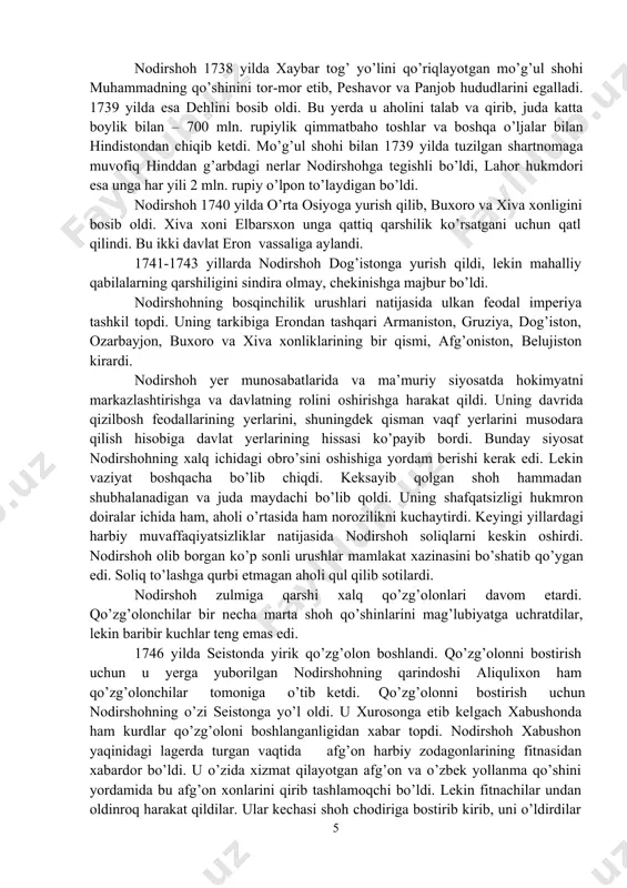 in 1729 yil sentyabrda mehmondo’st daryosi bo’yida mag’lubiyatga uchradi. ikkinchi marta esa nodirdan noyabr oyida engildi. afg’onlar isfaxonni tashlab chiqib, chekinishga majbur bo’ldilar. nodir afg’onlarni erondan quvib chiqargach turklarga qarshi 1730 yilda urush boshlab, xamadon, kermonshox va ozarbayjon shaharlarini egalladi. lekin shoh tahmasp ii bilan bo’lgan jangda engilib, bu joylarni qo’ldan boy berdi. nodir xurosondagi afg’onlar qo’zg’olonini bostirgach, taxmasp ii ni taxtdan tushirdi va taxtga uning bir yashar o’g’lini o’tqazib, o’zi uning regenti bo’ldi. nodir 1732-1733 yillarda turklar bosib olgan barcha hududlarni ulardan tortib oldi. 1732 yildagi eron-rossiya shartnomasiga ko’ra astrobod, g’ilyon, mozandaron, 1735 yilda boku va darbant ham eronga qaytarib berildi. 1736 yil boshiga kelib nodir ilgari safaviylar davlati tarkibiga kirgan barcha hududlar ustidan o’z hokimyatini o’rnatdi. 1736 yilda nodir tahmaspni taxtdan tushirib, eron shohi tojini kiydi. nodirshoh qudratli feodallarning ta’sirini cheklab qo’yish siyosatini olib bordi. viloyat noiblariga beriladigan yer mulklarni bekor qilib, ularga maosh belgiladi. bir qator feodallarning, …