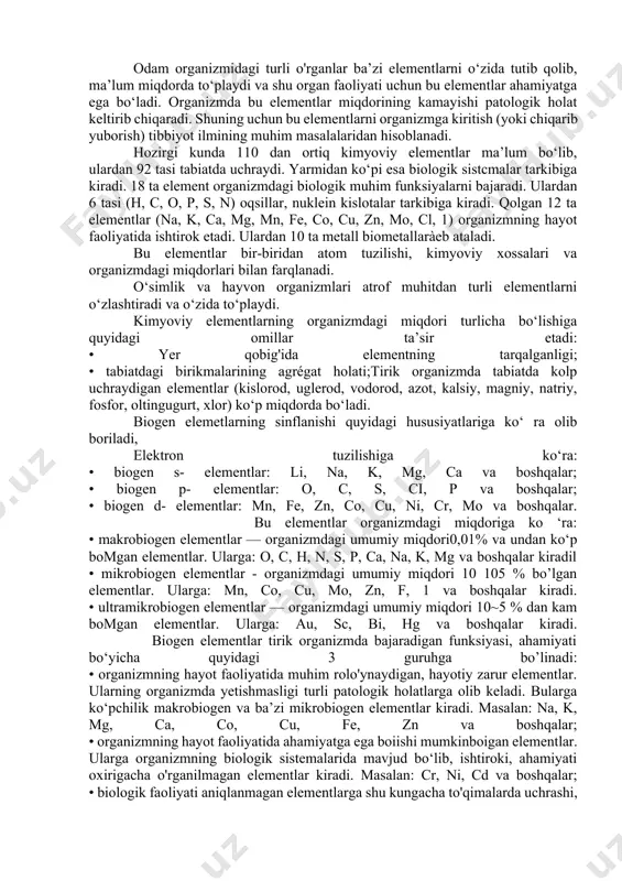 iqlarini bo‘shashtirib, ularning o‘tkazuvchanligini oshiradi. bu esa o‘z navbatida katod ostiga turli dorivor moddalarni joylashtirib ularning elektr to‘qimalarga oson va tez o'tkazish orqali davolash imkonini beradi. anod oldida yig‘ilgan 2 valentli ca2+ va mg2+ ionlari hujayra membranalarining zichligini oshiradi va elektr o‘tkazuvchanlikni pasaytiradi. elektrod qutblarini almashtirish ionlarning teskari taqsimlanishi va dastlabki holatning qayta tiklanishiga olib keladi. bu usullar fizioterapiyada to‘qimalarning faoliyatini tiklash, og‘riqni qoldig`i rish, moddalar almashinuvini yaxshilash orqali shamollash oqibatlarini kamaytirish, chandiqlarni so‘rilishini tezlatishda keng qo‘llanadi. konduktometrik titrlash usuli yordamida biologik suyuqliklarning elektr o‘tkazuvchanligini aniqlash mumkin. sog‘lom kishining siydigining solishtirma elektr o'tkazuvchanligi oralig‘ida bo‘ladi. buyrak funksiyasi buzilgan bemorlar siydigining solishtirma elektr o‘tkazuvchanligi 1 sm 1 gacha kamayib ketadi. bunga sabab, noelektrolit oqsil miqdori ortib, kuchli elektrolit nacl ning konsentratsiyasi kamayishidir. qandli diabetga chalingan bemorlar siydigining elektr o'tkazuvchanligi noelektrolit bo‘lgan qand miqdorining ortishi hisobiga kamayadi.ganizmning normal hayot faoliyati uchun zarur bo‘lgan va ularning tanqisligi ba’zi patologik holatlarga olib keladigan, organik …