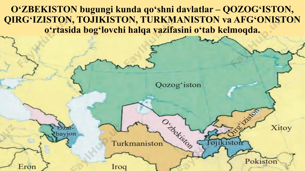 va jahon hamjamiyati. “o‘zbekiston respublikasi xalqaro munosabatlarning to‘la huquqli subyektidir. uning tashqi siyosati davlatlarning suveren tengligi, kuch ishlatmaslik yoki kuch bilan tahdid qilmaslik, chegaralarning daxlsizligi, nizolarni tinch yo‘l bilan hal etish, boshqa davlatlarning ichki ishlariga aralashmaslik va xalqaro huquqning umume’tirof etilgan boshqa qoidalari va normalariga asoslanadi”. o‘zbekiston respublikasining konstitutsiyasi. 17-modda “tashqi siyosiy faoliyati konsepsiyasi” 2012-yil sentabrda o‘zbekiston respublikasining “tashqi siyosiy faoliyati konsepsiyasi” e’lon qilindi. o‘zbekiston respublikasining tashqi siyosiy faoliyati konsepsiyasi – bu davlat tashqi siyosatining prinsiplari va strategik ustuvor yo‘nalishlarini, xalqaro maydondagi maqsad va vazifalarini, istiqbolda o‘zbekiston milliy manfaatlarini ilgari surish mexanizmlarini belgilab beradigan qarashlarning yaxlit tizimidir. o‘zbekiston va jahon hamjamiyati. konsepsiyada quyidagi qoidalar muhrlab qo‘yildi: “o‘zbekiston o‘zini qo‘shni davlatlardagi qurolli ziddiyatlarga tortilishining oldini olish maqsadida tegishli choralarni ko‘radi; o‘z hududida xorijiy davlatlarning harbiy bazalari va obyektlari joylashtirilishiga yo‘l qo‘ymaydi; o‘zbekiston respublikasi qurolli kuchlari xorijdagi tinchlikparvarlik operatsiyalarida ishtirok etmaydi”. o‘zbekiston va mdh davlatlari o‘zbekiston tashqi siyosatining diqqat markazida mustaqil davlatlar …