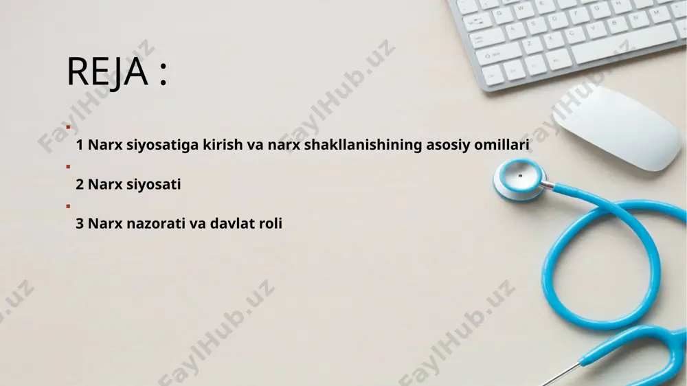 ndli dori vositalarining ustunligi import orqali kelgan brendli (original) dorilar ko‘pincha mahalliy ishlab chiqaruvchilarga qaraganda qimmatroq bo‘ladi. reklama, xalqaro sertifikatlar, marketing xarajatlari narxni oshiradi. e) importga bog‘liqlik darajasi agar mamlakat ichki ishlab chiqarish kuchsiz bo‘lsa va ko‘p dorilar import qilinsa, dori narxlari yuqori bo‘lishi mumkin. eksportning narx shakllanishiga ta’siri a) ichki narx va tashqi talab agar dori vositalari eksport qilinayotgan bo‘lsa, ular xalqaro talab asosida yuqori narxda sotilishi mumkin. bu esa ichki bozorga ta’sir ko‘rsatib, ayrim dorilarning narxini ichkarida ham oshirishi mumkin. b) sifat va sertifikatlash talablari eksport uchun mahsulot xalqaro sifat standartlariga javob berishi kerak. sertifikatlash, registratsiya va marketing xarajatlari mahsulot tannarxini oshiradi, bu esa umumiy narxga ta’sir qiladi. c) valyutadan daromad olish motivatsiyasi ishlab chiqaruvchilar eksport orqali valyutada daromad olishni xohlaydi. bu ichki bozorda ayrim dorilarning yetishmovchiligiga olib kelib, ularning narxini oshirishi mumkin. dori vositalarining tasnifi : turi ta’rif narxga ta’siri patentlangan (brendli) dori yangi ishlab chiqilgan, patent …