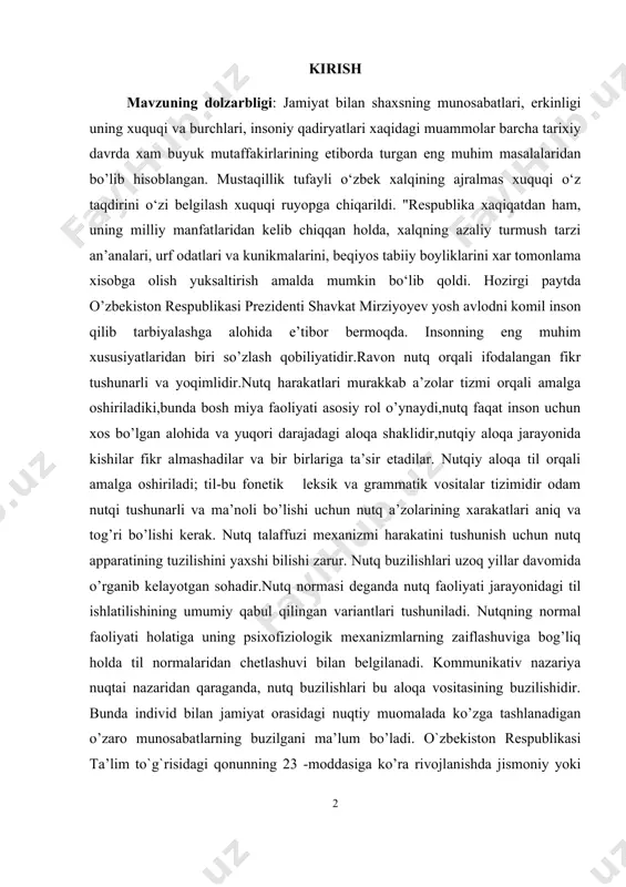 qilingan variantlari tushuniladi. nutqning normal faoliyati holatiga uning psixofiziologik mexanizmlarning zaiflashuviga bog’liq holda til normalaridan chetlashuvi bilan belgilanadi. kommunikativ nazariya nuqtai nazaridan qaraganda, nutq buzilishlari bu aloqa vositasining buzilishidir. bunda individ bilan jamiyat orasidagi nuqtiy muomalada ko’zga tashlanadigan o’zaro munosabatlarning buzilgani ma’lum bo’ladi. o`zbekiston respublikasi ta’lim to`g`risidagi qonunning 23 -moddasiga ko’ra rivojlanishda jismoniy yoki psixik kamchiliklarga ega bo`lgan anomal bolalar ta’lim olish huquqiga ega. bizning mamlakatimizda anomal bolalarga yordamni tashkil etish – inson haqida g`amxo`rlik ko`rsatilishining yorqin namunalaridan biridir. o`zbekistonda anomal va nogiron bolalarga yordamni tashkil etish maxsus maktab internatlar, professional mehnat kollejlarida maxsus guruhlar; zaif ko`ruvchi va zaif eshituvchi,o`g`ir nutq nuqlari bor bolalalar uchun maktabgacha ta’lim muassasalari,maxsus maktab internatlar,o`rta umumiy ta’lim maktablari qoshida nutqiy sinflar; nutqiy rivojlanishi sustlashgan bolalar uchun o`rta umumiy ta’lim maktablari qoshida tenglashtirish sinflari,maktab internatlar; harakat – tayanch a’zolari jarohatlangan bolalar muassasalari, maktab-internat; o`rta umumiy ta’lim maktablari qoshida logopedik puktlar ishlab turibdi. bolalar nutqini rivojlantirishning metodik …