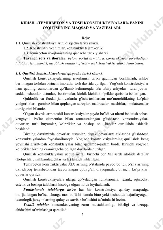 rabov, b.a.asqarov (o’zbekiston) va boshqa olimlar o’tkazgan tadqiqotlar yuk ko’taruvchi temirbeton konstruktsiyalarni hisoblash usullari va ularni amalda ishlatishning taraqqiy etishiga imkoniyat yaratdi. bugungi kunda qurilishning barcha sohalarida temirbeton keng ko’lamda ishlatilmoqda. bunga temirbetonning ahamiyatga molik quyidagi texnik-iqtisodiy afzalliklari sabab bo’ldi: a) arzon mahalliy materiallar (qum, shag’al va chiqindi toshlar)ni ishlatishga imkon borligi (bunday materiallar temirbetonning 70-80% gacha massasini tashkil etadi); b) olovbardoshligining yuqoriligi va chidamliligi; bunga temirbetondagi armatura korroziyadan himoya qilinganligi, beton mustahkamligining vaqt o’tishi bilan oshishi. quyidagilar temirbetonning nuqsonlariga kiradi: massasining og’irligi; issiqlik va tovushni oson o’tkazishi; mustahkamlash va tuzatishning qiyinligi; yorilishi mumkinligi; beton yotqizilgach, armatura holatini tekshirish qiyinligi va hokazo. bu kamchiliklarga qaramay, temirbeton konstruktsiyalari xalq xo’jaligining barcha sohalarida: - sanoat, fuqaro, jamoat binolarida, omborxonalar qishloq xo’jaligi binolarida, muhandislik inshootlari va boshqa qurilishlarda keng qo’llanilmoqda. temirbeton konstruktsiyalar tayyorlanish usuli bo’yicha yig’ma, quyma va yig’ma-quyma bo’ladi. yig’ma temirbeton konstruktsiyalar amaliyotda ko’proq qo’llaniladi, chunki ulardan foydalanish qurilishni industriallashtirishga imkon beradi. …