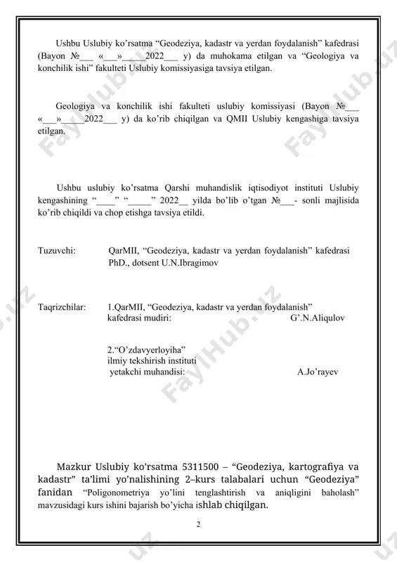 da masofa o’lchash yorug’lik nuri tezligiga asoslangan bo’lib, boshlang’ich nuqtaga svetodal’nomer, oxirgi nuqtaga esa nur qaytargich o’rnatilib, nurning borib qaytishiga sarf bo’lgan vaqt o’lchanadi. ( 1 2 3 4 ) 5 ( s ) 1 – rasm. bu yerda: 1– vaqt o’lchagich, 2 – nur uzatgich, 3 – klavitura, 4 – nur qabul qilgich uskuna, 5 – nur qaytargich uskuna. masofa s quyidagi formula bilan aniqlanadi. radiodal’nomer poligonometriya barcha sinfdagi geodezik to’rlarini barpo qilishda qo’llaniladi. radiodal’nomer yordamida masofa boshlang’ich va oxirgi nuqtalarga radio stansiya o’rnatilib, to’lqin uzunligi, amplituda va vaqtga asoslanib aniqlanadi. 2 – rasm. (3 – rasm). (m) dal’nomer poligonometriya 2 – razryadli to’rlarini barpo qilishda qo’llaniladi, chunki optik dal’nomerlar yordamida masofa o’lchash aniqligi past darajada. оptik dal’nomer yordamida masofa teodolit–taxeometr, dal’nomer, nivelir ko’rish trubasidagi iplar to’ri yordamida reykadan olingan sanoqlar farqi bo’yicha hisoblanadi (3 – rasm). bevosita masofa o’lchashda poligonometriya tomoni uzunligi ruletka vа maxsus tasmalar yordamida bevosita …