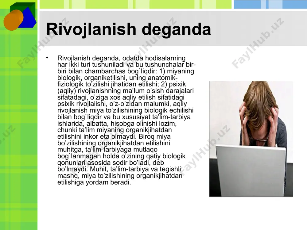a ko’pincha noto’g`ri tasavvurlar vujudga keladi. motivlar bevosita o’quvchi shaxsining o’sishi va rivojlanishi bilan bog`liq d.b.elkonin esa o’quv faoliyatining xususiyatlarini ko’rsatib, uni mohiyatiga, mazmuniga va o’zini namoyon bo’lish shaqliga ko’ra ijtimoiyligini ta’kidlaydi. o`quv faoliyati bu shunday faoliyatki, uning natijasida avvalo o’quvchida o’zgarish yuz beradi. uning mahsuli turli motivlar asosida, qurilgan bo’lishi darkor. bu motivlar bevosita o’quvchi shaxsining o’sishi va rivojlanishi bilan bog`liq bo’lishi kerak. o’quv faoliyati ta’lim, o’qish va o’rganish degan tushunchalar bilan bevosita bog`liqdir. o’qish va o’rgatish tushunchalari o’qish va o’rgatish tushunchalari o’quv faoliyati bilan bog`liq bo’lib, ular bilim, ko’nikma va malakalarni o’zlashtirishga, o’rgatishga xizmat qiladi. ta’lim jarayonining muvaffaqiyati: motivastiya ma’lumot usullari ma’lumotning tushunarliligi xotira ma’lumotni qo’llash ta’lim va rivojlanish muammosiga doir qator nazariyalar ishlab chiqilgan bo’lib, ulardan biri: ta’lim va rivojlanish muammosiga doir qator nazariyalar ishlab chiqilgan bo’lib, ulardan biri: aqliy hatti-harakatlar, bilimlar, malaka va ko’nikmalarni bosqichma-bosqich rivojlantirish nazariyasi (p.ya.galperin). psixik (aqliy)rivojlanishning ma'lum dinamik darajalari sifatidagi o`ziga xos …