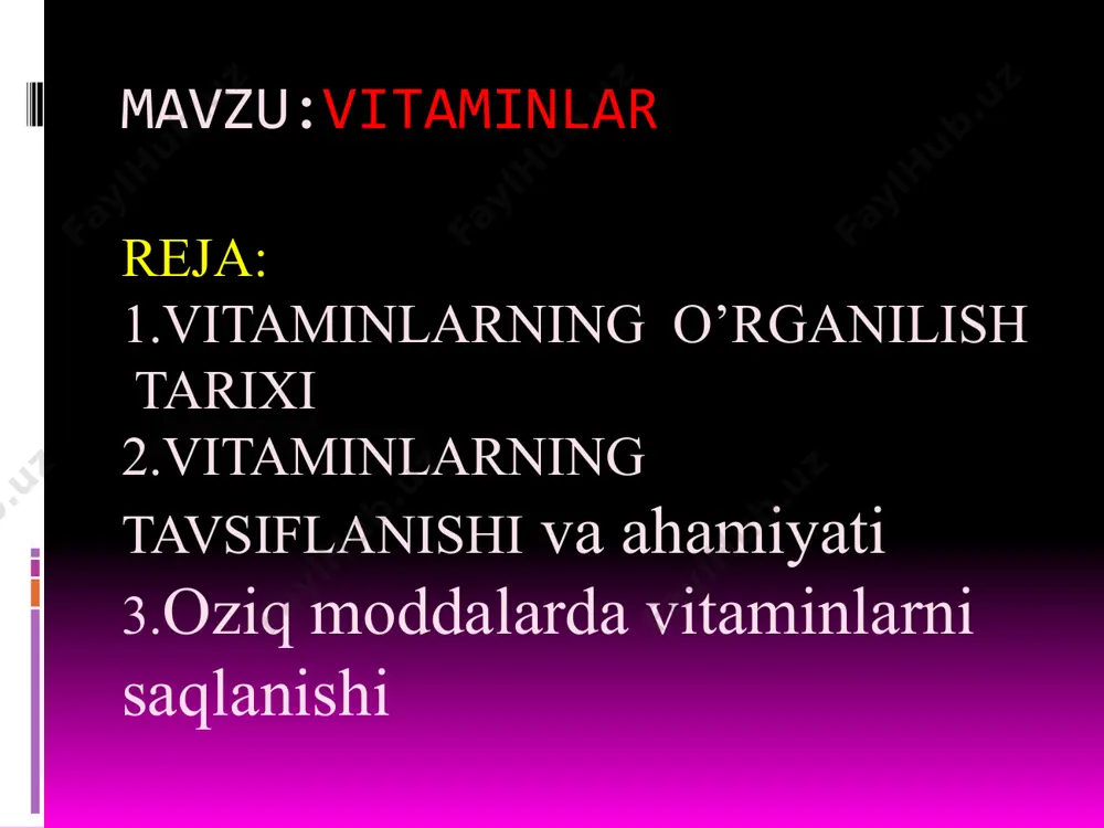 in (o’simliklardan) deb nomlagan bo’lsada, keyingi olib borilgan tadqiqotlar bu moddalarning hammasi bir xil modda ekanligini isbotladi. vitamin b2 ni kimyoviy sintezini 1935 yilda r. kun amalga oshirdi. vitamin b2 eritmalari qizg’ish-sarik rangli bo’lib, sariq-yashil fluoressentsiyaga ega. uning asosida izoalloksazin halqasi turadi. bu halqaning 9-chi o’rnida joylashgan karbon atomiga ribitol spirti birikkan bo’ladi. uning «riboflavin» deb atalishida ribitol va uning sarik (lotincha-phlavo) rangli bo’lishi ma’nolari aks etgan. . vitamin b6 (piridoksin, piridoksal, piridoksamin). vitamin b6 (piridoksin, antidermatit vitamin) ning almashinmaydigan oziqa omili sifatidagi ahamiyati katta. bu vitamin p. dyerdi tomonidan 1934 yilda o’rganilib vitamin tarzidagi funktsiyani bajarishi ko’rsatib berilgan edi. bu vitamin shu vaqtgacha ma’lum bo’lgan b1 b2 va pp vitaminlardan mustasno xolda kalamush oyoqlarida uchraydigan dermatitni davolash omili sifatida ma’lum bo’ldi. kun rixard (1900-1967 y.y.). nemis kimyogari va biokimyogari. myunxen universitetini bitirgan (1922 y.). 1929 yildan boshlab geydelberg universitetini professori va shu shaharda joylashgan kimyo institutini direktori. asosiy ilmiy …