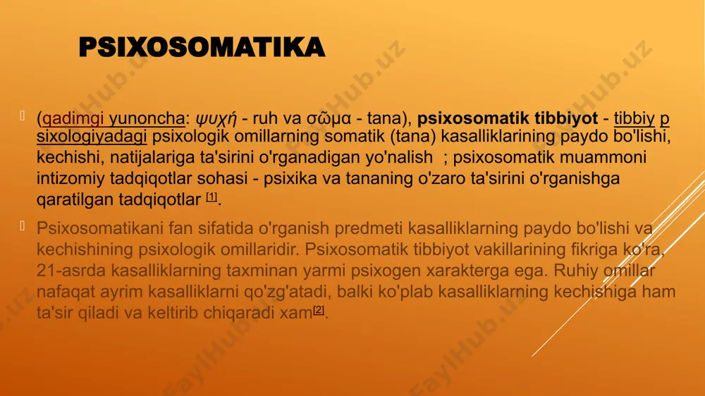 ususan, zigmund freyd, jozef breyer bilan birgalikda, bostirilgan his-tuyg'ular va ruhiy travma, " konversiya " deb nomlangan himoya mexanizmi orqali o'zini somatik alomatlar shaklida namoyon qilishi mumkinligini taʼkidlab oʻtdi. freyd ta'kidlaganidek, buning uchun "somatik tayyorgarlik" - "kasallik o'zini namoyon qiladigan organni tanlash" uchun muhim bo'lgan jismoniy omil talab qilinadi [7]. хелен дойч(ingl.)o'zb., 40-yillarda qo'shma shtatlarga hijrat qilgan xelen dunbar va frans aleksandr psixoanalitiklar, psixosomatik muammolarni o'rganishga e'tibor qaratdi. 1950-yillarning oxiriga kelib, amerika ilmiy adabiyotlarida psixologlar nuqtai nazaridan somatik tibbiyot haqida 5000 ga yaqin maqolalar nashr etildi. bu sohada alfred adler va leopold szondi kabi taniqli tahlilchilar ham ishlagan. rossiyada i.p.pavlov maktabi olimlari eksperimental nevroz usulini ishlab chiqish munosabati bilan shu yoʻnalishda ishladilar [7]. psixosomatik kasalliklar psixosomatik kasalliklar - bu ichki organlar kasalliklariga o'xshash belgilar bilan bemorning asab tizimidagi nosozliklar natijasida yuzaga keladigan kasalliklar guruhidi. bular funktsional oshqozon dispepsiyasi, irritabiy ichak sindromi va boshqa oshqozon-ichak kasalliklari, fibromiyaljiya, giperventiliya sindromi va boshqalar. …