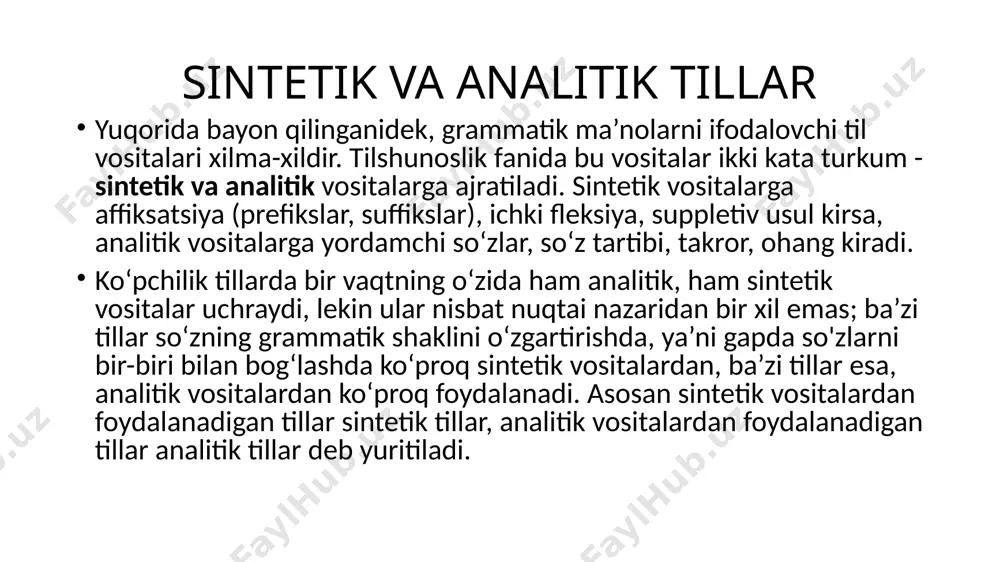 nolar va ularni ifodalash usullari mavjud. umumiy grammatik ma’noni tashkil etuvchi xususiy ma’nolar bir-biriga zid bo‘ladi, bir-birini inkor qiladi va shu bilan birga bir-birini doimo taqozo qiladi: masalan, grammatik son kategoriyasi deb nom olgan til hodisasini ko‘raylik. uy – uylar; kitob – kitoblar; chiroq – chiroqlar. grammatik kategoriya turlari grammatik kategoriyalar ifodalanish usuliga ko‘ra uch turga bo‘linadi: 1) sintetik grammatik kategoriyalar; 2) analitik grammatik kategoriyalar; 3) aralash grammatik kategoriya yoki sintetik-analitik grammatik kategoriyalar. sintetik grammatik kategoriyalar affiksal morflar orqali ifodaqilinadi. masalan, o‘zbek tilidagi son, kelishik, egalik, shaxs-son kategoriyalari, rus tilidagi kelishik, son, rod kabi kategoriyalar, ingliz tilidagi son va kelishik kategoriyalari shular jumlasidandir. analitik grammatik kategoriyalar faqat yordamchi so‘zlar orqali ifoda qilinadi.agar ingliz tilidagi ko‘p bo‘g‘inli sifatning darajalarini yasashda ishtirok etadigan «more» va «most» so‘zlarini ba’zi olimlar aytganidek, yordamchi so‘zlar deb qabul qilsak, unda ana shunday sifatlarning (ko‘p bo‘g‘inli) daraja kategoriyasi sof analitik vositalar bilan yasalgan bo‘ladi: interesting — more …