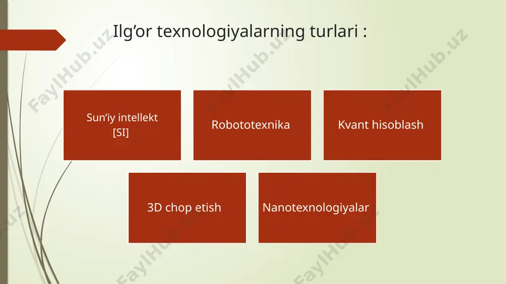 imoiy guruhlar uchun imkoniyatlar yaratishi, boshqalar uchun esa ularni cheklab qo‘yishi mumkin. raqamli tafovut yoki texnologik bo‘hron degan tushuncha, iqtisodiy imkoniyatlari cheklangan mintaqalarda yoki ijtimoiy guruhlarda texnologiyalarni o‘zlashtirish qiyin bo‘lishi mumkin. bu holat jamiyatdagi ijtimoiy tengsizlikni yanada chuqurlashtirishi mumkin. kelajakda ilg‘or texnologiyalar yanada tez rivojlanishi va yangi imkoniyatlar yaratishi kutilmoqda. xxi asrning so‘nggi yillarida va kelajakda bu texnologiyalar odamlarning hayotini, ish o‘rinlarini va global iqtisodiyotni tubdan o‘zgartiradi. kelajakdagi ilg‘or texnologiyalarning rivojlanishi haqida bir nechta asosiy yo‘nalishlar mavjud. kelajakda ilg‘or texnologiyalar jamiyat va iqtisodiyotning barcha jabhalarini yanada o‘zgartiradi. sun'iy intellekt, kvant texnologiyalari, biotexnologiyalar va iot kabi sohalar nafaqat yangi imkoniyatlarni yaratadi, balki yangi muammolarni, masalan, xavfsizlik, etika va ijtimoiy tengsizlikni keltirib chiqaradi. kelajakda bu texnologiyalarni to‘g‘ri boshqarish va muammolarni hal qilish jamiyatning rivojlanishida katta rol o‘ynaydi. xxi asr ilg’or texnologiyalar asri xulosa : xxi asrda ilg‘or texnologiyalar dunyo miqyosida inqilobiy o‘zgarishlarga olib kelmoqda. sun'iy intellekt (si), robototexnika, kvant hisoblash, 3d chop …