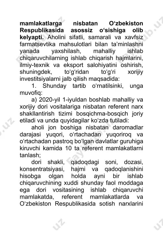 n axborot tizimini yaratish va yuritish; v) 2020-yil 1-iyuldan boshlab, mulkchilik shaklidan qat’i nazar respublikaning barcha tibbiyot tashkilotlarida majburiy tartibda dori vositalarining xalqaro patentlanmagan nomi bo‘yicha retsept yozilishi joriy qilinadi. davlat bojxona qo‘mitasi har oyning 5-sanasiga qadar agentlik o‘z veb-saytida har oy e’lon qilib borishi uchun import qilinadigan farmatsevtika mahsulotlari to‘g‘risida batafsil ma’lumotlarni (import qiluvchi, tovar nomi, hajmi, narxi va boshqalar) agentlikka taqdim etilishini ta’minlasin. 2. quyidagilar: a) 2020 — 2024-yillarda o‘zbekiston respublikasining farmatsevtika tarmog‘ini rivojlantirish konsepsiyasi (keyingi o‘rinlarda — konsepsiya) 1-ilovaga muvofiq tasdiqlansin, unda quyidagilar ko‘zda tutilsin: ilg‘or ilmiy tajriba va zamonaviy texnologiyalarni qo‘llagan holda ishlab chiqariladigan farmatsevtika mahsulotlarining turlarini kengaytirish, shuningdek, innovatsion farmatsevtika mahsulotlarini yaratish va ishlab chiqarishni rag‘batlantirish, zamonaviy obyektlarni ishga tushirish hamda mavjud obyektlarning moddiy-texnik bazasini modernizatsiya qilish va mustahkamlash orqali farmatsevtika sanoatini rivojlantirish; tashkilotlar va korxonalarning farmatsevtika mahsulotlarini yaratish va ishlab chiqarish bo‘yicha xalqaro talablar bilan uyg‘unlashtirilgan standartlar me’yorlariga muvofiqligini ta’minlash orqali mahalliy farmatsevtika tarmog‘ini …
