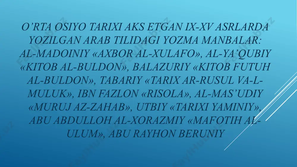 larida ko’chib yurgan qorliqlarning movarounnahrning ichki tumanlari ustiga qilib turgan xurujlariga barham berdilar(893 y.). bu hol mamlakatning iqtisodiy va madaniy yuksalishiga yo’l ochdi. bu sulola davrida markaziy davlat boshqaruvi birmuncha takomillashdi. amir davlatni o’nta muassasasi (devon): devoni vazir (bosh mahkama), devoni mustavfiy (moliya ishlari mahkamasi), devoni omid ul-mulk (insho va elchilik idorasi), devoni sohib shurat (amir gvardiyasi ishlari bilan shug’ullanuvchi idora)13, devoni sohib barid (pochta ishlari mahkamasi), devoni mushrif (o’ziga xos davlat xavfsizligi idorasi), devon ad-diya (amirning yer-mulkini boshqaruvchi idora), devoni muxtasib (shariat ishlari mahkamasi), devoni vaqf (vaqf ishlarini nazorat qiluvchi idora), devoni quzzot (qozilik mahkamasi) yordamida boshqargan. lekin, davlatni boshqarishda turk amirlarining roli juda katta bo’ldi. somoniylar davrida hunarmandchilik va savdo-sotiq rivojlandi. buni buxoro, samarqand, marv, balx, ғazni, hirot va toshkent kabi yirik, taraqqiy etgan shaharlar misolida ko’ramiz. bu davlat hazar xoqonligi, bulg’or xonligi, rus va xitoy bilan iqtisodiy-madaniy aloqalari birmuncha rivoj topdi. bu davr ilm-fan va madaniyatning o’rta …