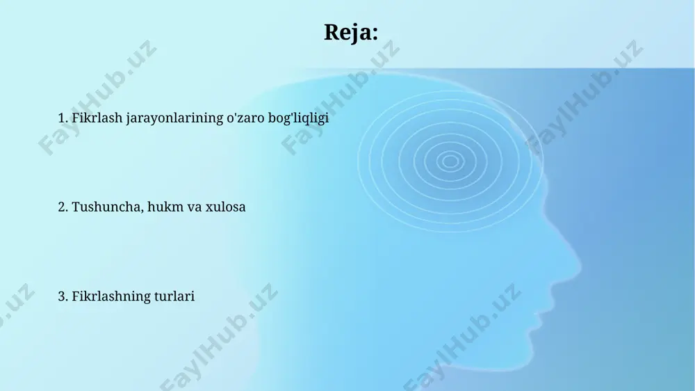 sodda (masalan, "toshkent – o'zbekiston poytaxti") va murakkab (masalan, "agar yomg'ir yog'sa, 3 soatdan keyin quyosh chiqadi") turlarga bo'linadi, bu 2 ta asosiy kategoriyani aks ettiradi. hukmlarni shakllanish usuliga ko'ra, empirik (tajriba asosida) va a priori (mantiq qonunlariga asoslangan) deb tasniflash mumkin. bunday tasniflash 5 dan ortiq turli manbalarda keltirilgan. mantiqiy fikrlash mantiqiy fikrlashning samaradorligi, 70% hollarda muammoning to'g'ri shakllanishi va 30% hollarda to'g'ri usulni tanlash bilan bog'liq bo'lib, samarqand davlat universitetida chuqurroq o'rganiladi. mantiqiy fikrlash, 20-asr boshlarida yevropa mamlakatlarida rivojlangan formal mantiqning 3 ta asosiy qonuniga – identifikatsiya, qarama-qarshilik va chiqarib tashlash qonunlariga asoslanadi. tushuncha, hukm va xulosaning o'zaro bog'liqligi tushuncha, hukm va xulosa o'rtasidagi bog'liqlik 3 bosqichli kognitiv jarayonni aks ettiradi: 1-bosqich – tushuncha shakllanishi (masalan, toshkentdagi 5 ta binoning rangini aniqlash); 2-bosqich – hukm chiqarish (binolar ko'k rangda); 3-bosqich – xulosa chiqarish (toshkentdagi ko'pgina binolar ko'k rangda). hukm, tushunchaga asoslanadi va 2 ta yoki undan ortiq tushunchani …