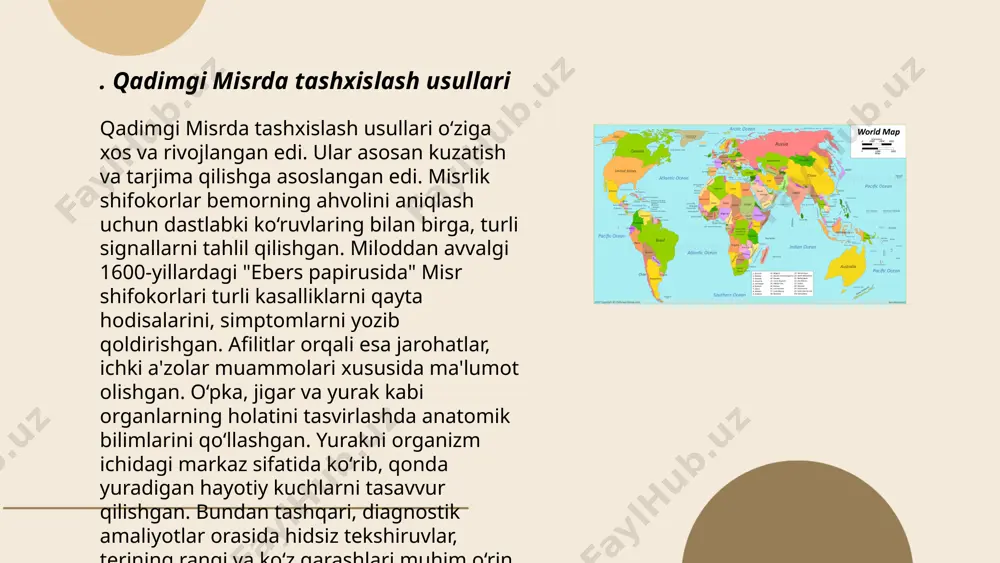lash muhim hisoblangan. tibbiy maslahatlar orasida bodom, yong‘oq va mevalar kabi tabiiy mahsulotlar iste'moliga urg‘u berilgan. shuningdek, suvni toza va mo‘tadil iste'mol qilish tavsiya etilgan. zardusht davrida ruhiy va jismoniy muvozanatni saqlash, stressni kamaytirish uchun meditatsiya va ibodat qilish ham muhim bo‘lgan. bu davr tibbiyotida kasalliklarning oldini olishga katta e’tibor qaratilgan bo‘lib, sog‘lom turmush tarzini shakllantirish orqali uzoq va baxtli hayot kechirish asosiy maqsad hisoblangan. qadimgi sharq mamlakatlarida tashxislash usullari qurbonova shaxnoza e'tiboringiz uchun raxmat! image1.png image2.png image3.png image4.jpg image5.png image6.jpg /docprops/thumbnail.jpeg