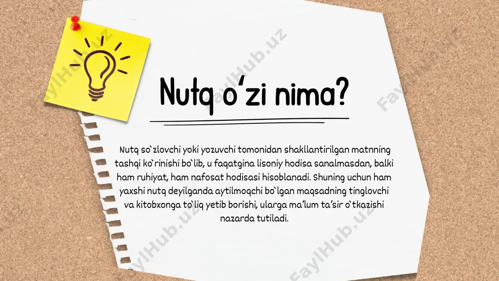 level fourth level fifth level 8/1/2011 ‹#› click to edit master title style click to edit master text styles second level third level fourth level fifth level 8/1/2011 ‹#› fakultet: axborot tizimlari va texnologiyalari guruh: 61 s 23 att jumanazarov izzat bajaruvchi talaba renessans university kommunikativ sifatlari mavzu: mutaxassis nutqining reja: 1 2 3 4 nutqning sofligi. nutqning mantiqiyligi. nutqning aniqligi. nutqning to`g`riligi. 5 nutqning ta’sirchanligi. nutq oʻzi nima? nutq so`zlovchi yoki yozuvchi tomonidan shakllantirilgan matnning tashqi ko`rinishi bo`lib, u faqatgina lisoniy hodisa sanalmasdan, balki ham ruhiyat, ham nafosat hodisasi hisoblanadi. shuning uchun ham yaxshi nutq deyilganda aytilmoqchi bo`lgan maqsadning tinglovchi va kitobxonga to`liq yetib borishi, ularga ma’lum ta’sir o`tkazishi nazarda tutiladi. shunga ko`ra nutq oldiga ma’lum talablar qo`yiladi. bu talablar nutqning mantiq jihatdan to`g`ri, aniq, chiroyli, erkin, maqsadga muvofiq bo`lishidir. bu belgilar nutqning asosiy sifatlari, xususiyatlari deb qaraladi. nutq oʻzi nima? nutqning to`g`riligi uning adabiy tili me’yorlariga muvofiq kelishidir. …