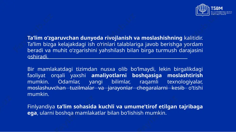 tal policy note, oecd, paris, www.oecd.org/going-digital/changing-nature-of-work-in-the-digital-era.pdf 4 finlandiya dunyodagi eng yaxshi ta’lim tizimlaridan biriga ega № 1 raqamli ko‘nikmalar (wef global competitiveness report 2020) №2 oliy ta’lim tizimi ish beruvchilarning talablarini qondiradi (wef global competi- tiveness report 2020) № 1 dunyodagi eng baxtli mamlakat (world happiness report 2021) №1 kelajak uchun ta’lim indeksi (economist 2019) sources: #1 educating for the future index: https://educatingforthefuture.economist.com/the-worldwide-educating-for-the-future-index-2019/ #1 in digital skills: wef global competitiveness report 2020: http://www3.weforum.org/docs/wef_theglobalcompetitivenessreport2020.pdf #2 best placed tertiary education system to deliver to the needs of employers: wef global competitiveness report 2020: http://www3.weforum.org/docs/wef_theglobalcompetitivenessreport2020.pdf #1 the happiest country in the world: world happiness report 2021 https://worldhappiness.report/ 5 ta’lim barcha uchun butun ta’lim tizimining rivojlanishi vaqt talab etadi. xx asrning ilk yillarida qishloq bolalarining faqat uchdan bir qismi maktabga borar edi. 1921-yilda qabul qilingan majburiy ta’lim to‘g‘risidagi qonun ta’lim barcha uchun falsafasiga asoslangan zamonaviy ta’lim tizimiga yo‘l ochdi. bugungi kunda finlar va yevropa …