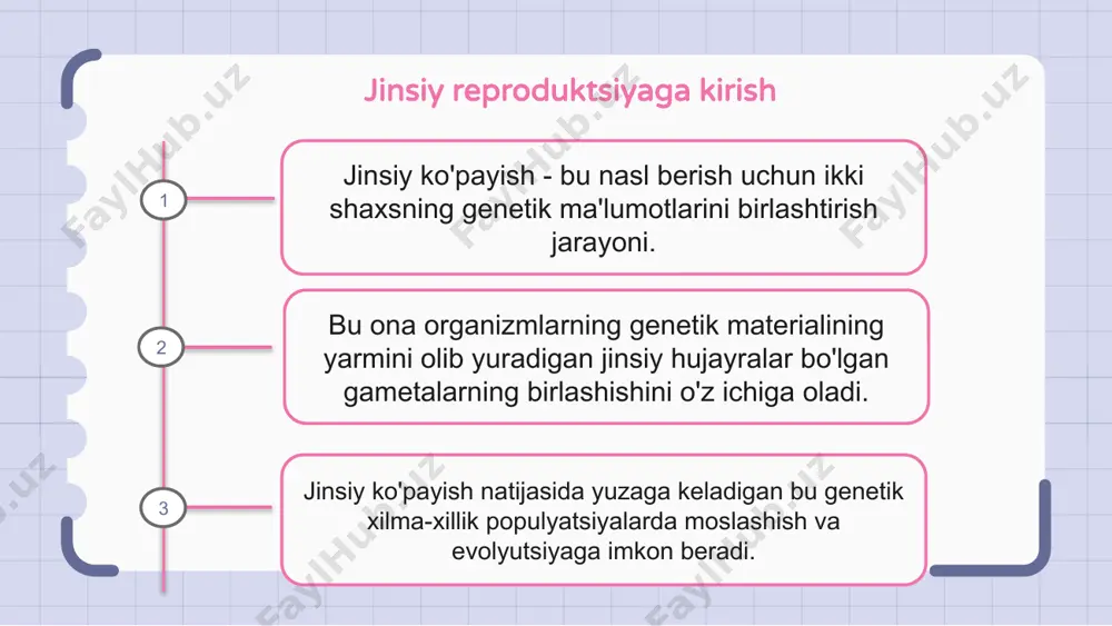 ta haploid qiz hujayralar paydo bo'ladi, ularning har biri asl hujayradagi xromosomalar sonining yarmiga ega. erkaklarning reproduktiv tizimi erkaklarning reproduktiv tizimi tuxumni urug'lantirish uchun sperma ishlab chiqarish va etkazib berish uchun javobgardir. u moyaklar, epididimis, vas deferens, prostata bezi va jinsiy olatni o'z ichiga olgan bir nechta organlardan iborat. moyaklar sperma va erkak gormoni testosteron ishlab chiqaradi. 1 2 3 ayollarning reproduktiv tizimi ayolning reproduktiv tizimi tuxumdonlar, fallop naychalari, bachadon, bachadon bo'yni va vaginadan iborat. tuxumdonlar tuxum ishlab chiqaradi va ovulyatsiya paytida ularni chiqaradi. fallop naychalari sperma tuxum bilan uchrashganda urug'lanish sodir bo'ladigan joy. sperma ishlab chiqarish va etilish spermatozoidlarni ishlab chiqarish va kamolotga etish - bu erkak jinsiy hujayralari ishlab chiqarish va urug'lantirishga tayyorlash jarayoni. erkaklarda bu jarayon moyaklarda boshlanadi, bu erda hujayralar bo'linish va farqlanishdan o'tib, sperma hujayralariga aylanadi. to'liq etuk bo'lgandan so'ng, spermatozoidlar moyaklardan chiqariladi va urug'lanish uchun tuxumga etib borish uchun reproduktiv tizim bo'ylab harakatlanadi. tuxum …