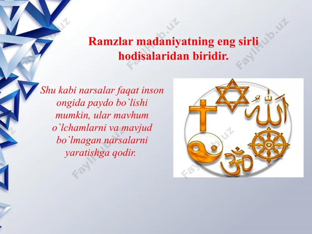 u butunlay tasvirlangan, chorrahalarsiz va chiziqlarsiz(hozirgi isroil davlatining bayrog`i emas). uning ma`nosi shundaki, u beshta asosiy insoniy tuyg`ularni namoyon etadi (bu 5 ta uchburchakning yuqorigisidan tashqari), bularning barchasi oltinchi eng muhim tuyg`u – tirik xudoga bo`lgan orzu va itoatkorlikka buysuniish hisoblanadi. bu tasvir ba`zan eski tasvirlarda ham bo`lgan.mazkur ramz ikki teng tomonli uchburchak bir-birining ustiga qo`yilgan bo`lib,olti qirrali yuylduz (hexagramz), shaklida belgilanadi. xix-asrdan boshlab dovud payg`ambarning yulduzi yahudiylarning ramzi hisoblangan dovud payg`ambarning yulduzi isroil davlati bayrog`ida tasvirlangan va uning asosiy ramzlaridan biri hisoblanadi. olti nuqtali yulduzlar boshqa davlatlar va joylarning ramzlarida ham uchraydi. boshqa ma`lumotlarga qaraganda esa “shoh sulaymon muhr” deb nomlanadi. buddizm ta’limoti bir qator devon shakliga keltirilgan to‘plamlarda bayon qilingan. ulardan eng asosiysi tripitaka yoki tipitaka)- uch savat ma’nosini anglatadi. u uch qismdan iborat bo‘lganligi uchun shunday nom bilan atalgan. buddizmning bu yozma manbasi hozirgi davrda shri-lankada saqlanib qolgan. u eramizning boshlarida shakllangan. ular - budda targ‘ibotining haqiqiy …