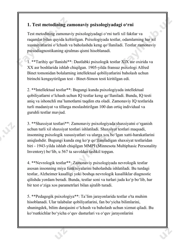 etadi. yuqorida keltirilgan faktlar va raqamlar psixologik testlarning zamonaviy psixologiyadagi o‘rni va ahamiyatini ochib beradi. ular insonning turli xususiyatlarini o‘rganishda muhim vositalar sifatida xizmat qiladi. 2. psixologik testlar turlari va ularning qo‘llanilishi psixologik testlar shaxsning psixologik holati, qobiliyatlari va shaxsiyat xususiyatlarini aniqlashga yordam beradigan vositalardir. bugungi kunda psixologik testlar turli maqsadlarda qo‘llaniladi va ularning ko‘plab turlari mavjud. ushbu testlar asosan qobiliyatlar, shaxsiyat xususiyatlari va psixologik holatlarni baholashga qaratilgan. quyida psixologik testlar turlari va ularning qo‘llanilishi haqida batafsil ma’lumot keltiriladi. 1. **intellekt testlari:** bu testlar insonning aqliy qobiliyatlarini baholashga mo‘ljallangan. mashhur intellekt testlari orasida veksler testi, stenford-binet testi, va ravenning matritsalar testi kabi testlar bor. ushbu testlar odatda iq darajasini aniqlashda va ilmiy tadqiqotlarda qo‘llaniladi. 2. **shaxsiyat testlari:** shaxsiyat xususiyatlarini o‘rganish uchun ishlatiladi. masalan, mmpi (minnesota multiphasic personality inventory), myers-briggs type indicator (mbti) va big five personality traits testi shaxsiyatning turli jihatlarini baholash uchun ishlatiladi. ushbu testlar kadrlar tanlovi, terapevtik jarayonlar …
