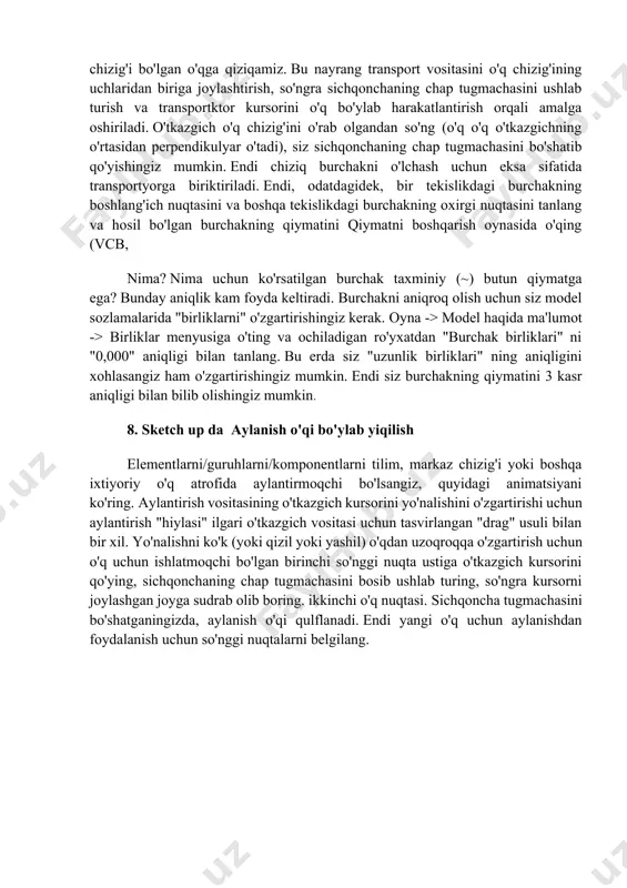 atrofidagi burchakni o'lchash uchun transportyorni qanday yo'naltirishni ko'rish uchun jonlantirilgan tasvirni bir necha marta ko'ring. samolyotlar orasidagi burchakni o'lchashda biz ikkita tekislikning kesishish chizig'i bo'lgan o'qga qiziqamiz. bu nayrang transport vositasini o'q chizig'ining uchlaridan biriga joylashtirish, so'ngra sichqonchaning chap tugmachasini ushlab turish va transportktor kursorini o'q bo'ylab harakatlantirish orqali amalga oshiriladi. o'tkazgich o'q chizig'ini o'rab olgandan so'ng (o'q o'q o'tkazgichning o'rtasidan perpendikulyar o'tadi), siz sichqonchaning chap tugmachasini bo'shatib qo'yishingiz mumkin. endi chiziq burchakni o'lchash uchun eksa sifatida transportyorga biriktiriladi. endi, odatdagidek, bir tekislikdagi burchakning boshlang'ich nuqtasini va boshqa tekislikdagi burchakning oxirgi nuqtasini tanlang va hosil bo'lgan burchakning qiymatini qiymatni boshqarish oynasida o'qing (vcb, nima? nima uchun ko'rsatilgan burchak taxminiy (~) butun qiymatga ega? bunday aniqlik kam foyda keltiradi. burchakni aniqroq olish uchun siz model sozlamalarida "birliklarni" o'zgartirishingiz kerak. oyna -> model haqida ma'lumot -> birliklar menyusiga o'ting va ochiladigan ro'yxatdan "burchak birliklari" ni "0,000" aniqligi bilan tanlang. bu erda siz …