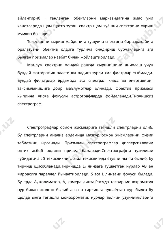 н былса, бурилиш бурчаги ( мос равишда ызгариб боради. ва маълум муддатда минмумга эришади. бундай шарт (5) да ифодаланади.(6) да di1 = di2 = (8) (3) дан фойдаланиб (8) ни ёзиш мумкин. ва r ни i ифодалаб cosi1 = cosi2= (9) топилган (9) ифодани (8) га =ыямиз di1= di2= (10) (10) ифодани (5) га олиб бориб =ыямиз. d(1= (11) da = dr1 + dr2 ифодадан фойдаланиб, (11) тенгламани коэффициентларини янгидан ёза оламиз. = (12) демак, r1=r2=r ва i1=i2=i дейиш мумкин.(13) энг катта дисперсияга эга былиш учун спектрографларнинг бурилиш бурчаги ( min былиши талаб этилади. min былганда (13) шарт бажарилиши керак былади.бунда, i=( ; а га былади. i= (14) r= (15) (16) (14) ифодадан =уйидагини ёза оламиз. (=2i-а (17) демак, (18) (16) дан ёза оламиз cosidi=dnsinr (19) (21) (22) синдириш кырсаткичи тыл=ин узунлигига бо\ли=лиги равишда эди. гортман формуласига кыра n=no+ (23) бу ерда n,c,(0 лар ыгармас быади.(22) формула бурилиш бурчаги, а …
