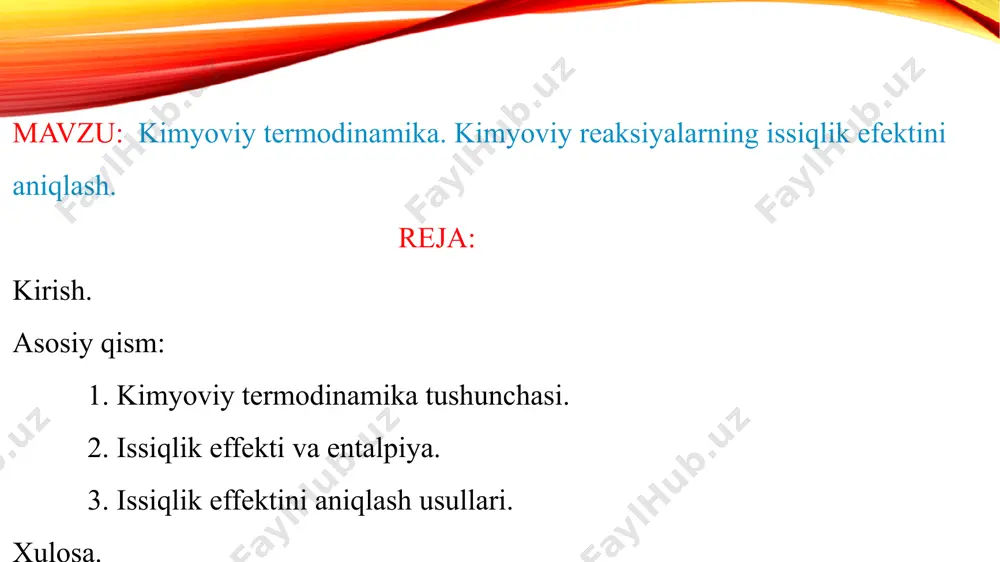jarayonlardagi energiya almashinuvini, issiqlik va ishni o‘lchashni, ularning tizimdagi holatini va o‘zgarishini tahlil qiladi. kimyoviy termodinamika, asosan, kimyoviy reaksiyalar davomida moddalar orasida energiyaning qanday o‘zgarishini tushuntiradi. bu energiya issiqlik, ish va boshqa shakllarda bo‘lishi mumkin. kimyoviy termodinamika asosan fizik termodinamika tushunchalarini kimyoviy tizimlarga tatbiq etadi. kimyoviy termodinamika asosiy tushunchalari: tizim va atrof-muhit. tizim (system) – o‘rganilayotgan va qiziqtirayotgan moddalar yoki tizimlar. tizim ochiq, yopiq yoki izolyatsiyalangan bo‘lishi mumkin. ochiq tizim: energiya va modda tizimga kiritilishi yoki undan chiqarilishi mumkin. masalan, ochiq idishdagi suyuqlik. yopiq tizim: faqat energiya tizimdan chiqarilishi yoki kiritilishi mumkin, ammo modda almashinuvi bo‘lmaydi. masalan, yopiq idishdagi suyuqlik. izolyatsiyalangan tizim: hech qanday energiya yoki modda almashinuvi bo‘lmaydi. ideal holat energiya – kimyoviy reaksiyalarda bir shakldan boshqasiga o‘tadi. bu o‘zgarish ichki energiya, entalpiya va entropiya orqali ifodalanadi. ichki energiya (u) – tizimdagi barcha energiyalar yig‘indisi. faqat tizim holatiga bog‘liq bo‘lib, issiqlik va ish orqali o‘zgaradi. entalpiya (h) – tizimning …