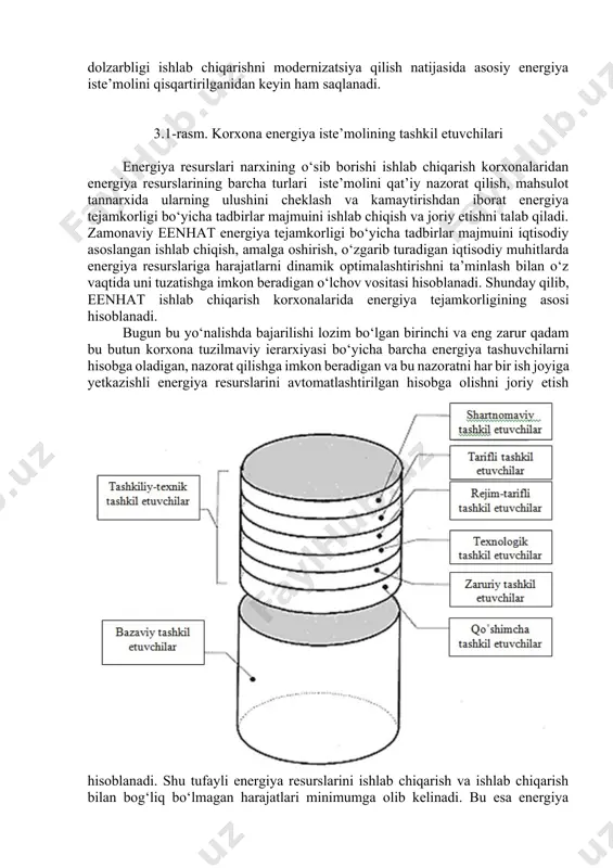 rgiya ta’minotini boshqarishni amalga oshirish insonning ishtirokisiz bo‘lmaydi. ehm dasturiga texnologik jarayonlar talablarining barcha nozik tafsilotlarini qo‘yib bo‘lmaydi (yoki juda murakkab), avtomatikaning u yoki bu zararlarini algoritmik tavsiflash qiyin. bu holda ehm ga boshqarish funksiyasini amalga oshirish uchun insonga yordam berish vazifasi yuklanadi (operator tahlil qilishi uchun qulay shaklda ma’lumotlarni tayyorlash, aniqlik darajasi past ma’lumotlarni aniqlash va alohida parametrlarning o‘zgarishlarini taxmin qilish, operatorlar harakatlarining to‘g‘riligini qayd etib borish va nazorat qilish). shunday qilib, korxona energiya ta’minotini boshqarishda optimal avtomatlashtirish darajasi, inson-operator va ehm qatnashishining optimal qo‘shilishi topilishi kerak. eenhatni qurish va uni ishlatishning mazmuni sarf xarajatlarida korxona mablag‘lari va energiya resurslarini doimiy tejashdan iborat. eenhatni ishlatilishidan iqtisodiy samaraning qiymatlari korxonalar bo‘yicha energiya resurslarining yillik iste’molidan o‘rtacha 15-30 % larga yetmoqda, eenhat ni yaratishga harajatlarni o‘zini oqlashi hisobot yilining 2-3 choragida amalga oshmoqda. bugungi kunda sanoat korxonalarining eenhat tizimi shunday zarur mexanizm hisoblanadiki, bu tizimlarsiz energiya resurslarini yetkazib beruvchilar energiya iste’moliga …